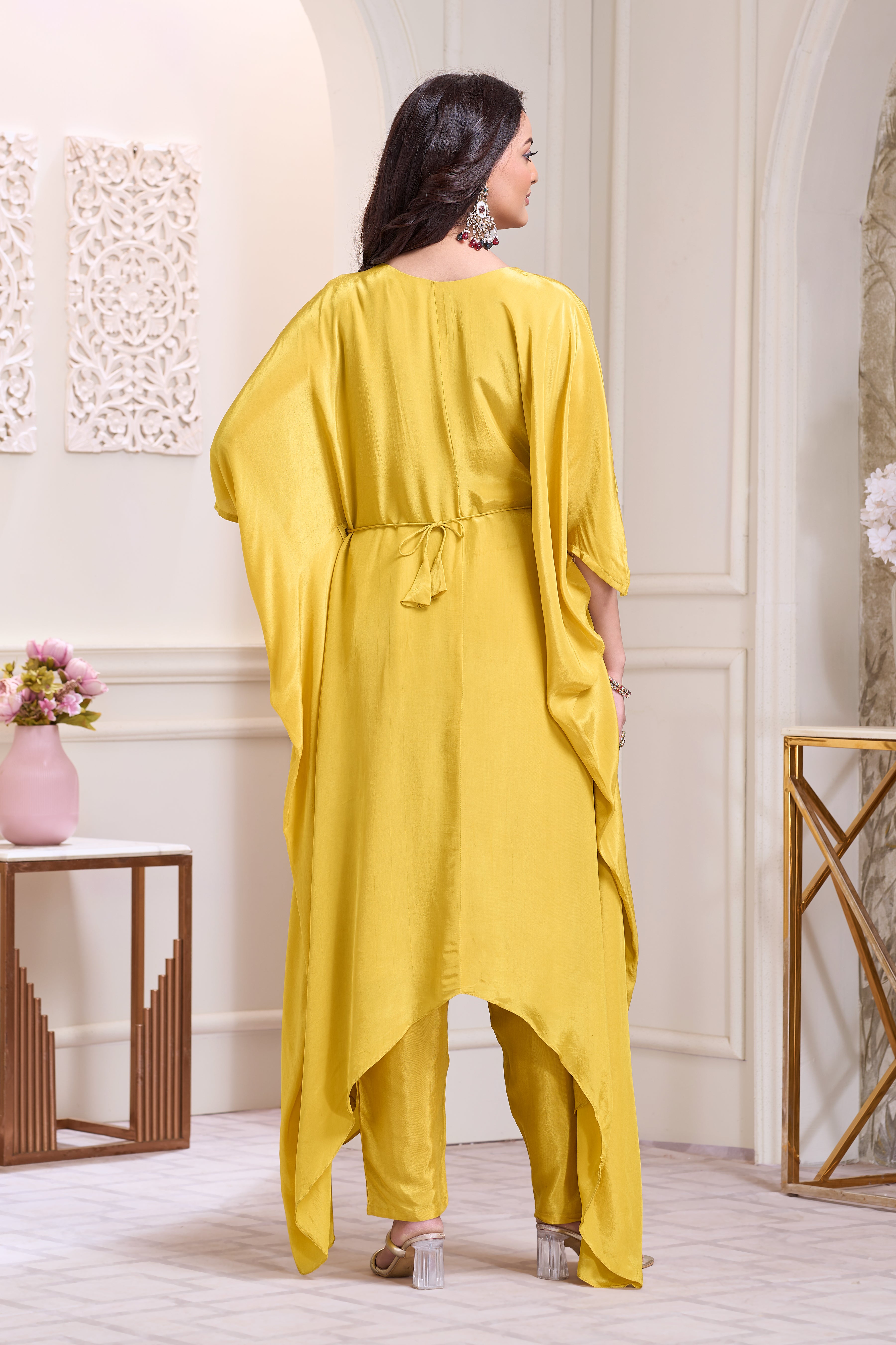 Golden Yellow Embellished Chinon Silk Kaftan Set