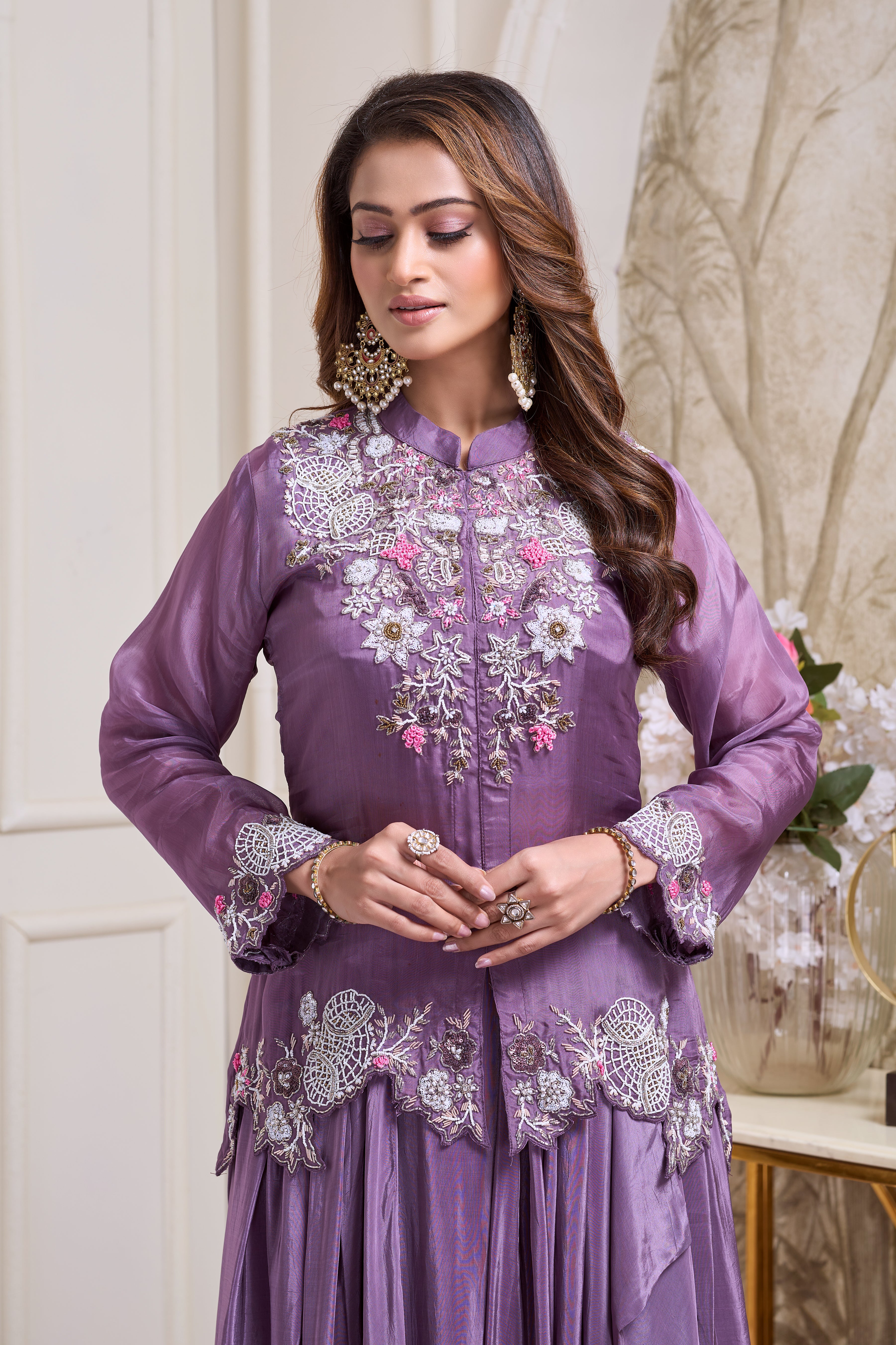 Royal Purple Embellished Crepe Silk Skirt Set