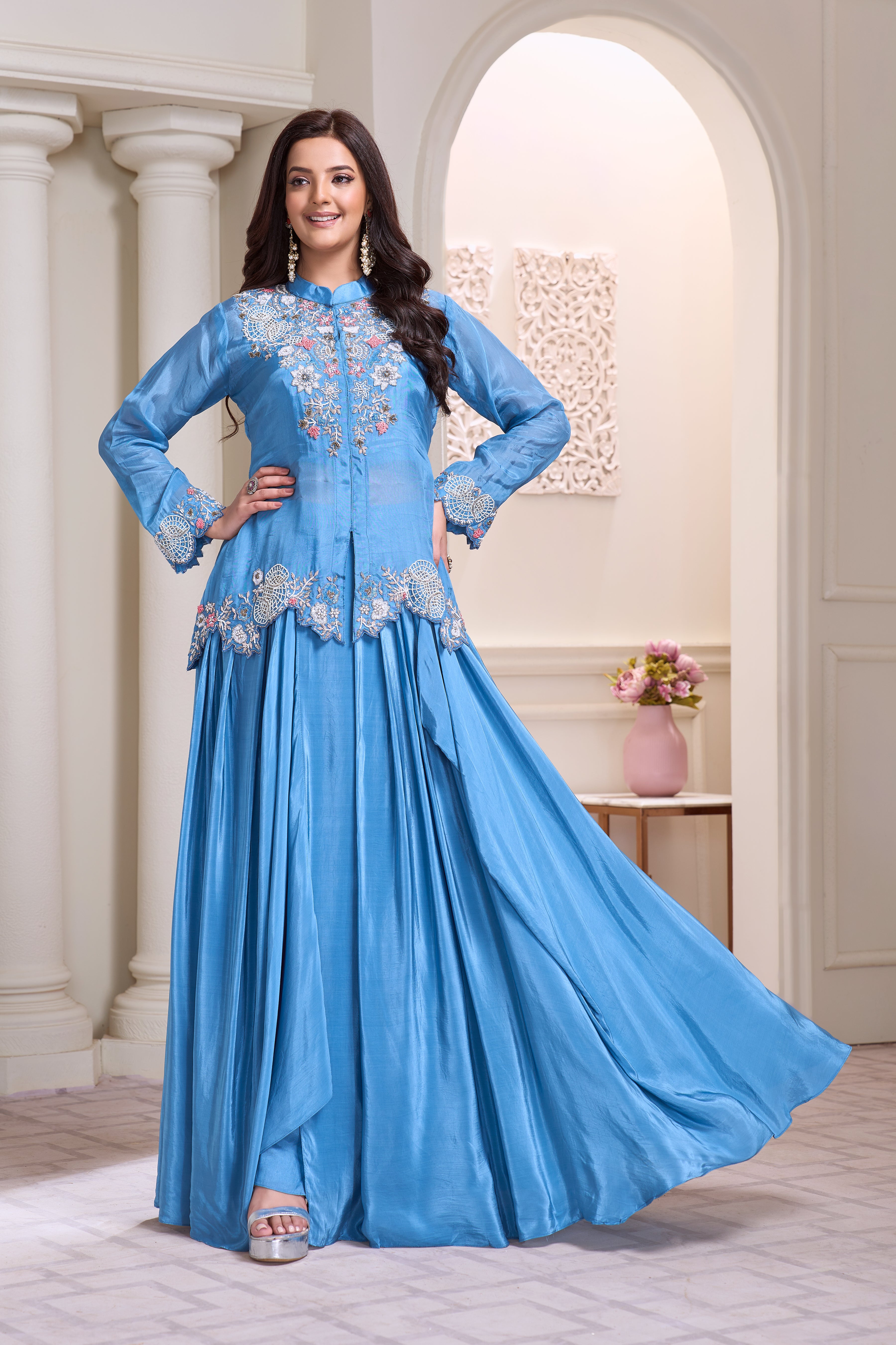 Aqua Blue Embellished Crepe Silk Skirt Set