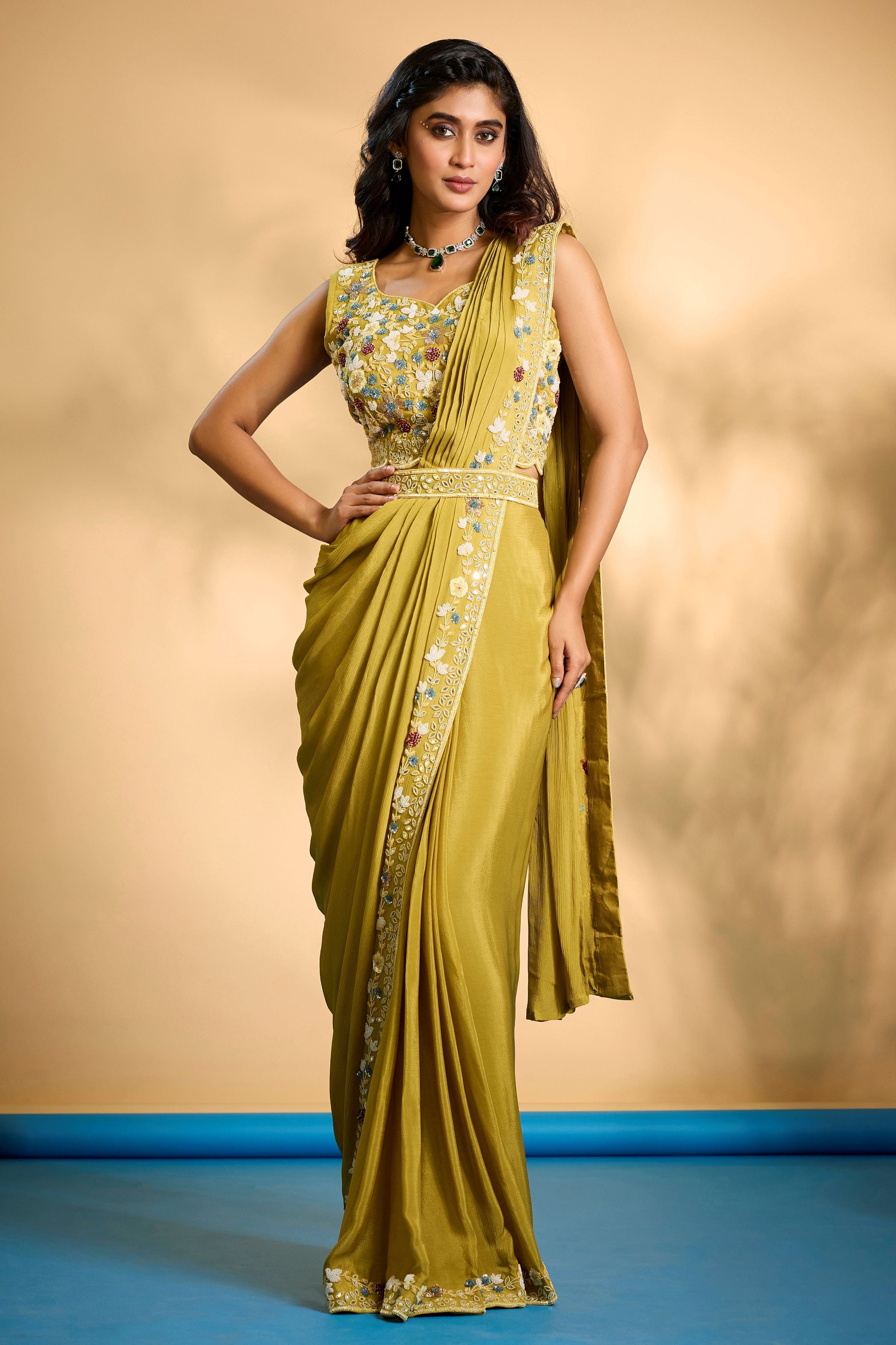 Mustard Embellished Chinon Silk Drape Saree