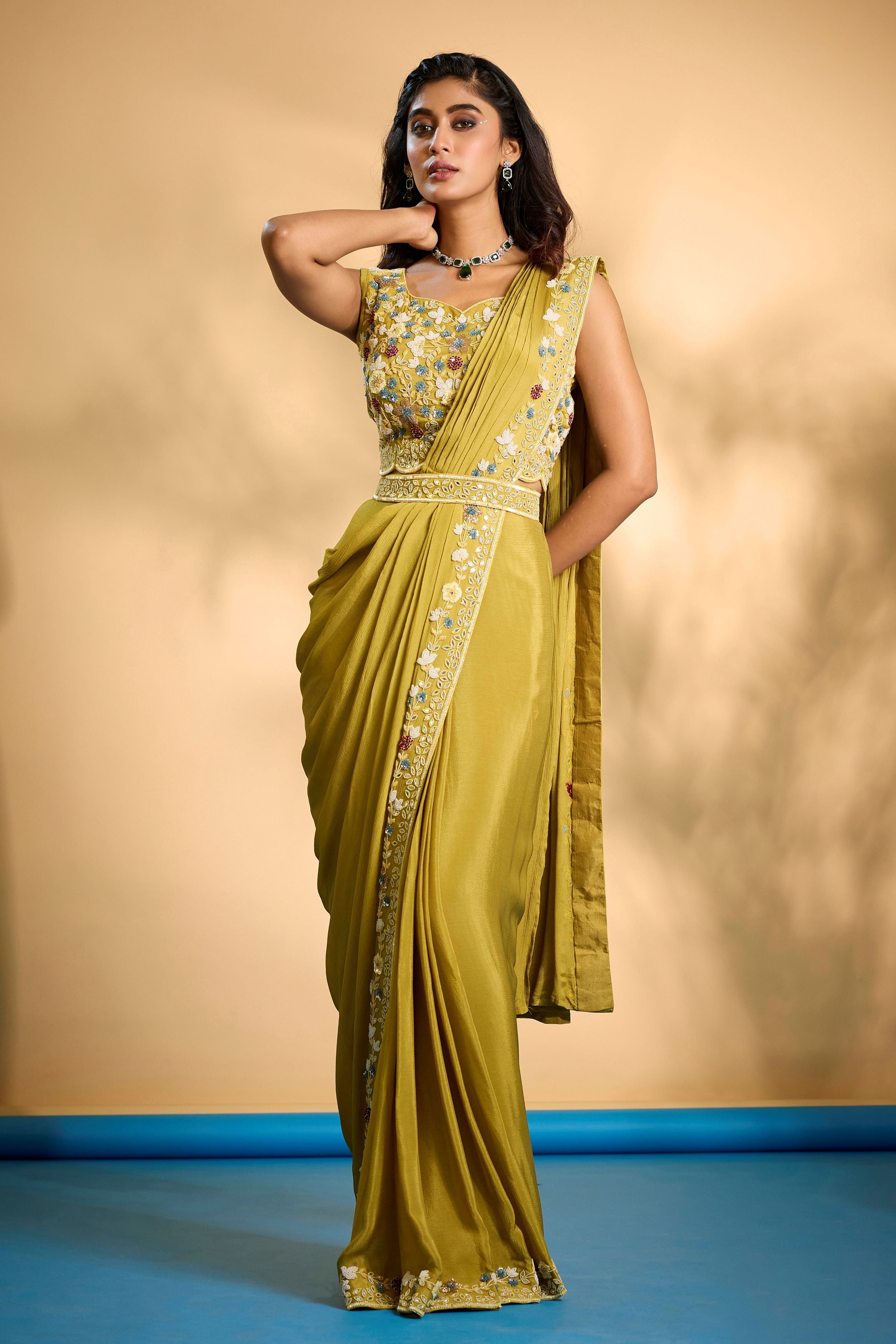 Mustard Embellished Chinon Silk Drape Saree