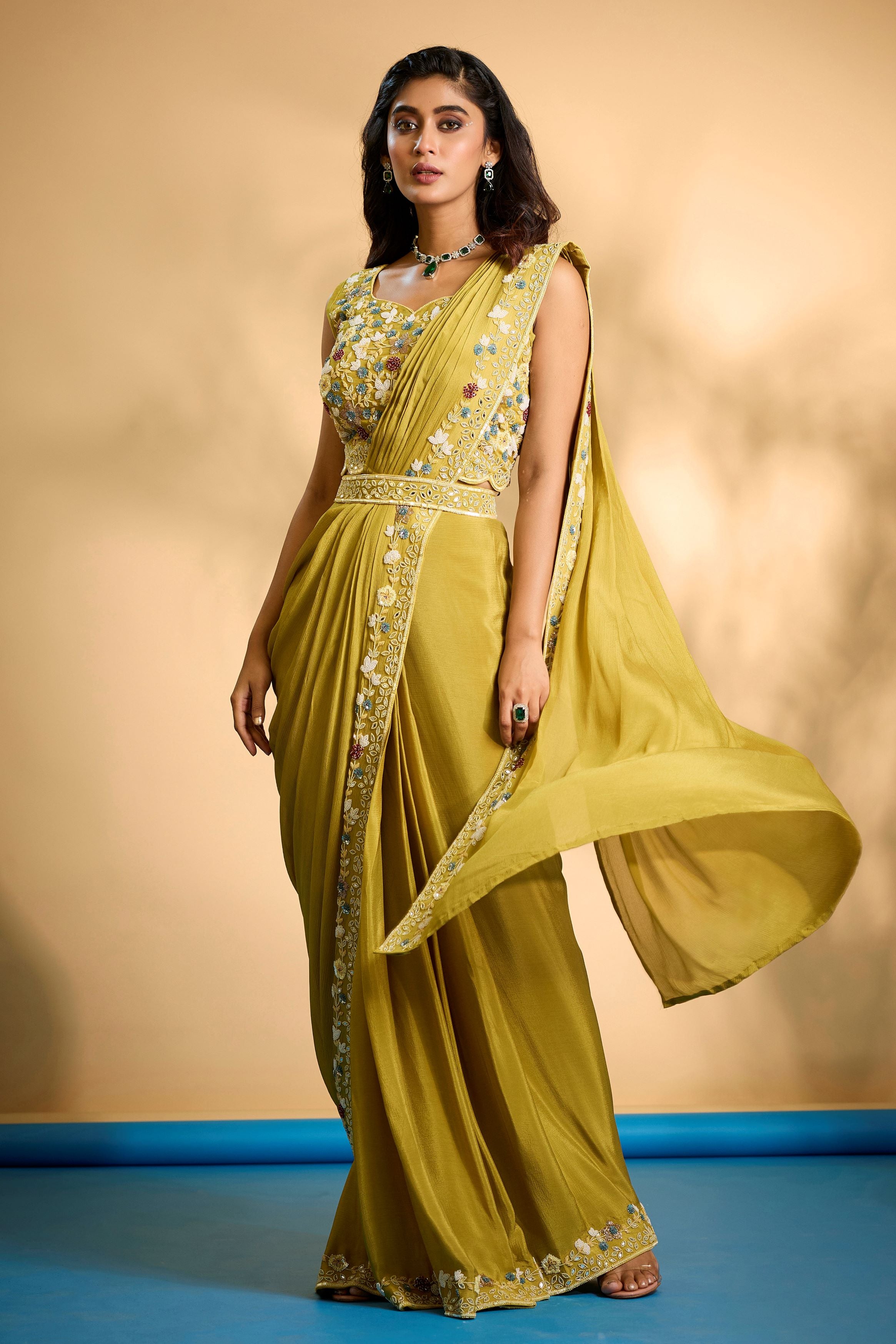 Mustard Embellished Chinon Silk Drape Saree