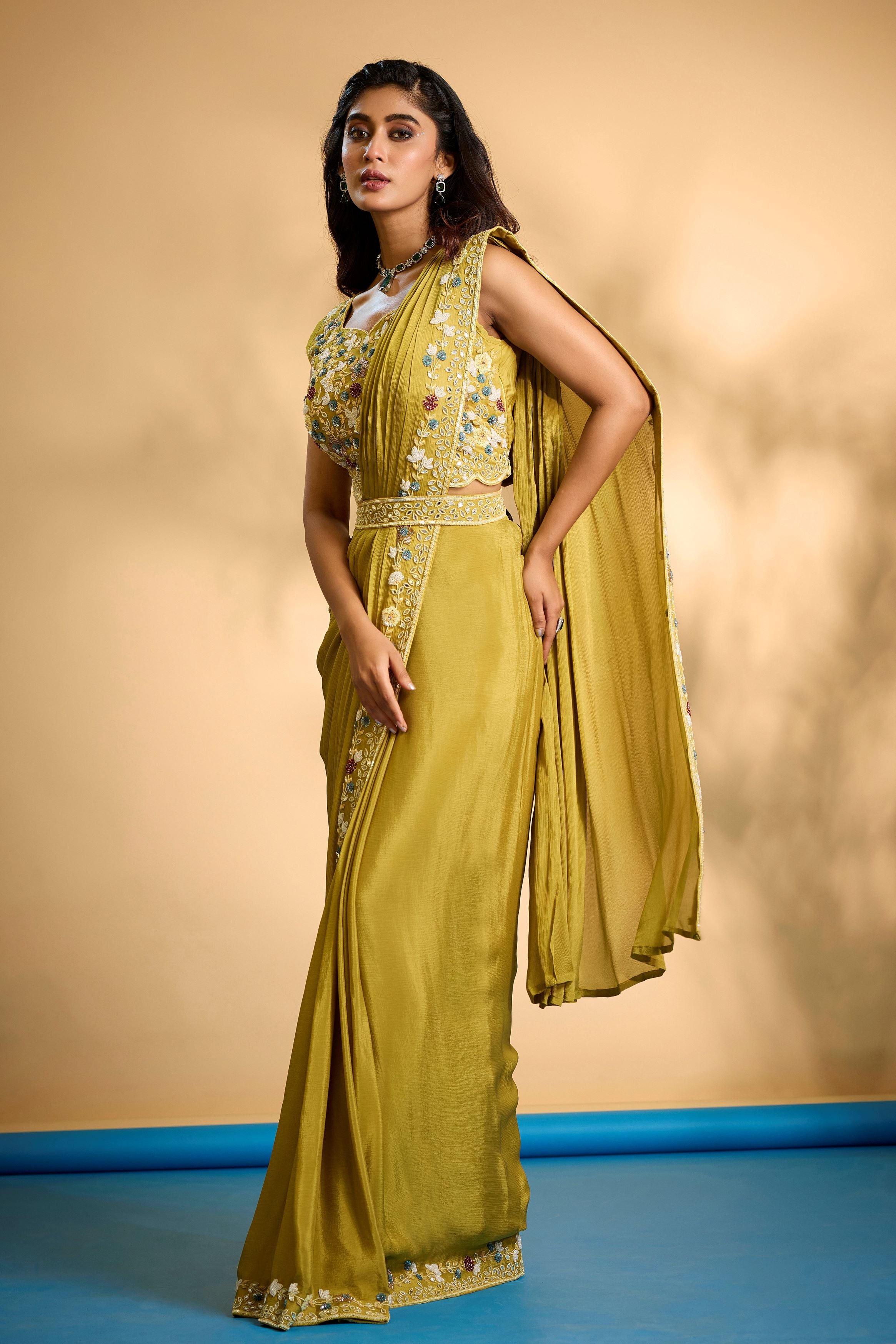 Mustard Embellished Chinon Silk Drape Saree