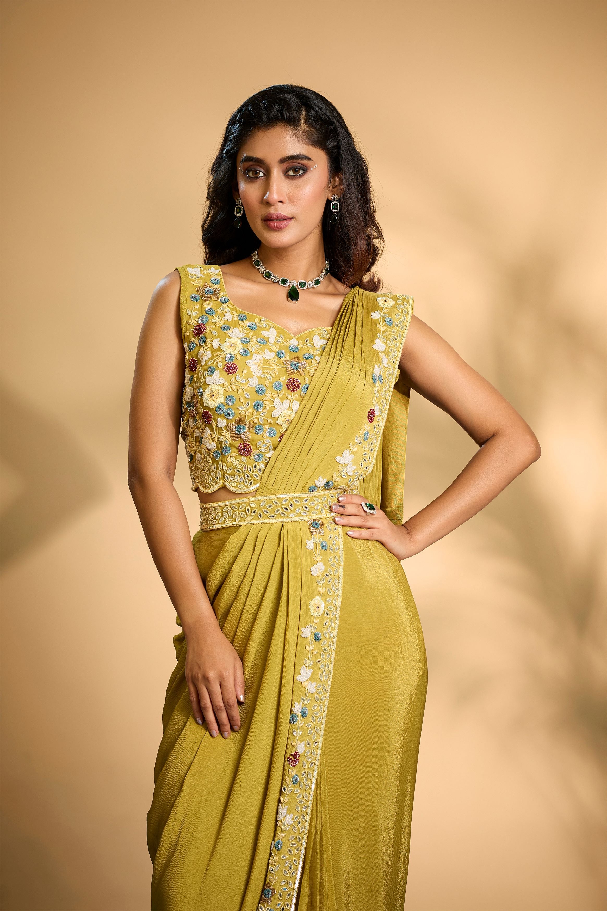 Mustard Embellished Chinon Silk Drape Saree