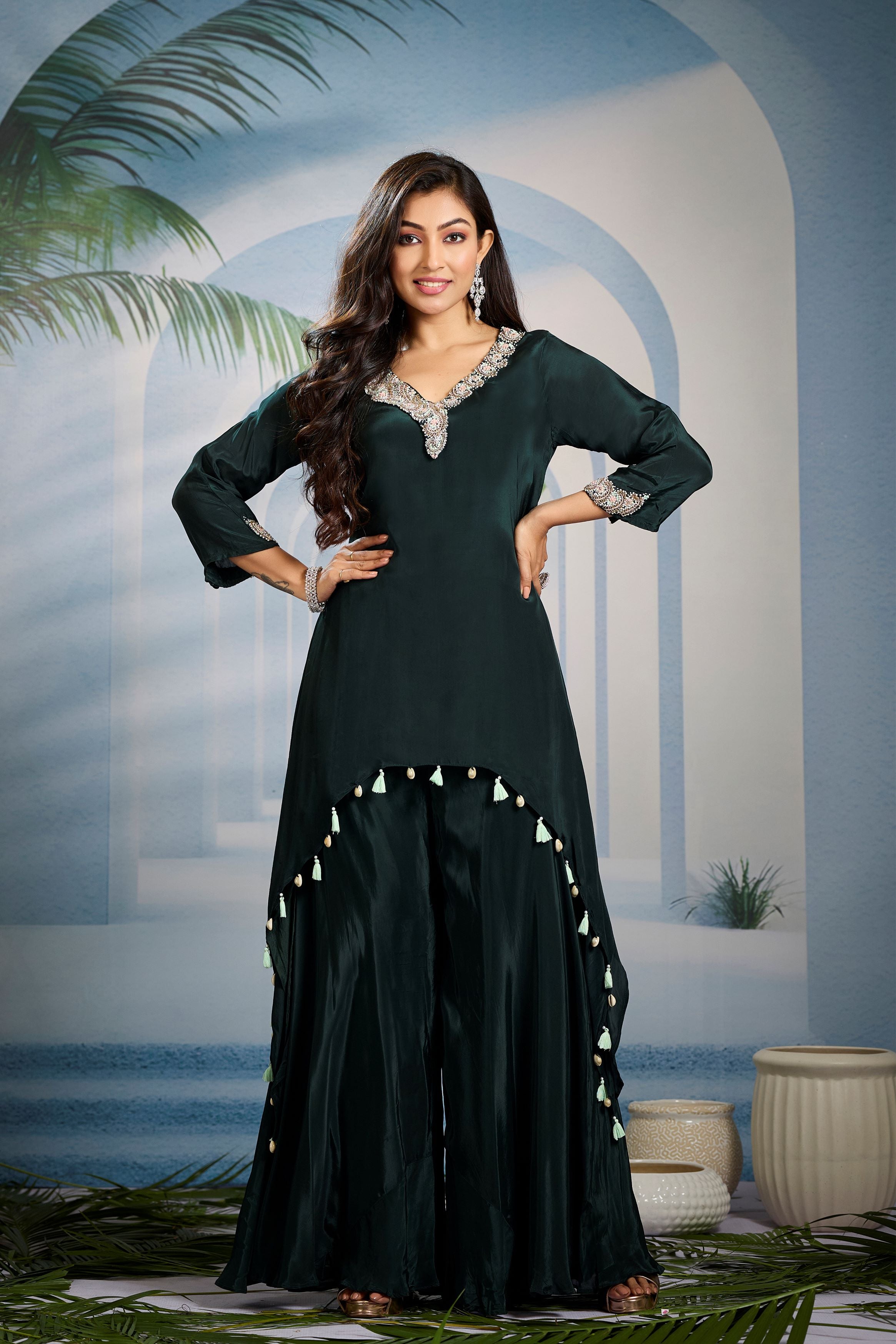 Dark Green Embellished Crepe Silk Kurta Set