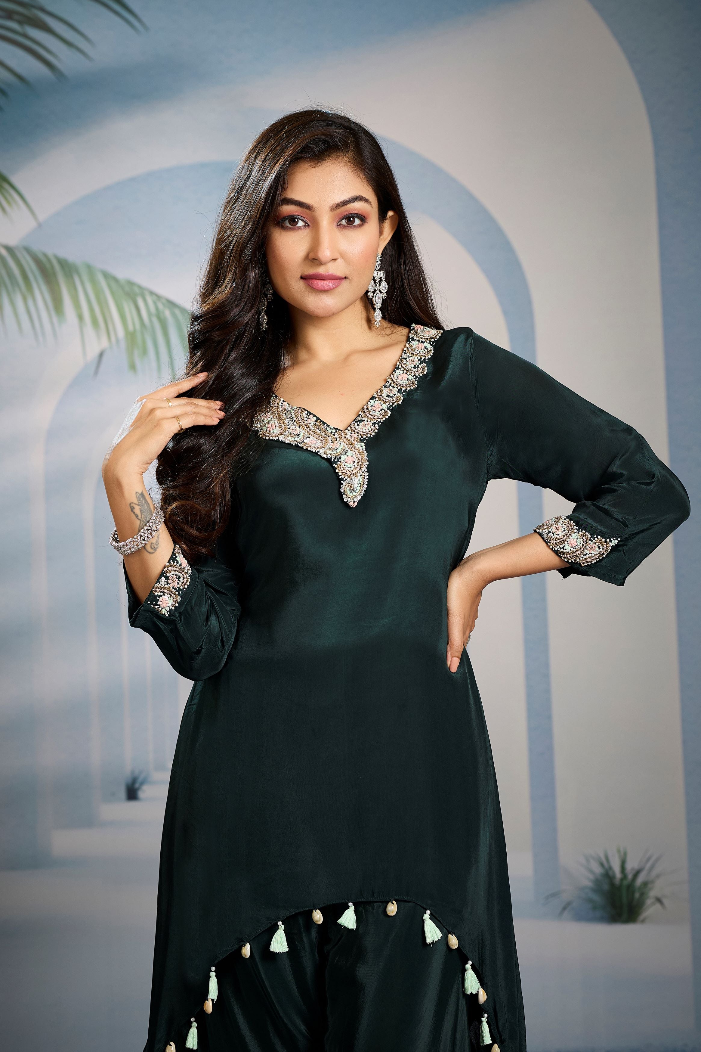 Dark Green Embellished Crepe Silk Kurta Set