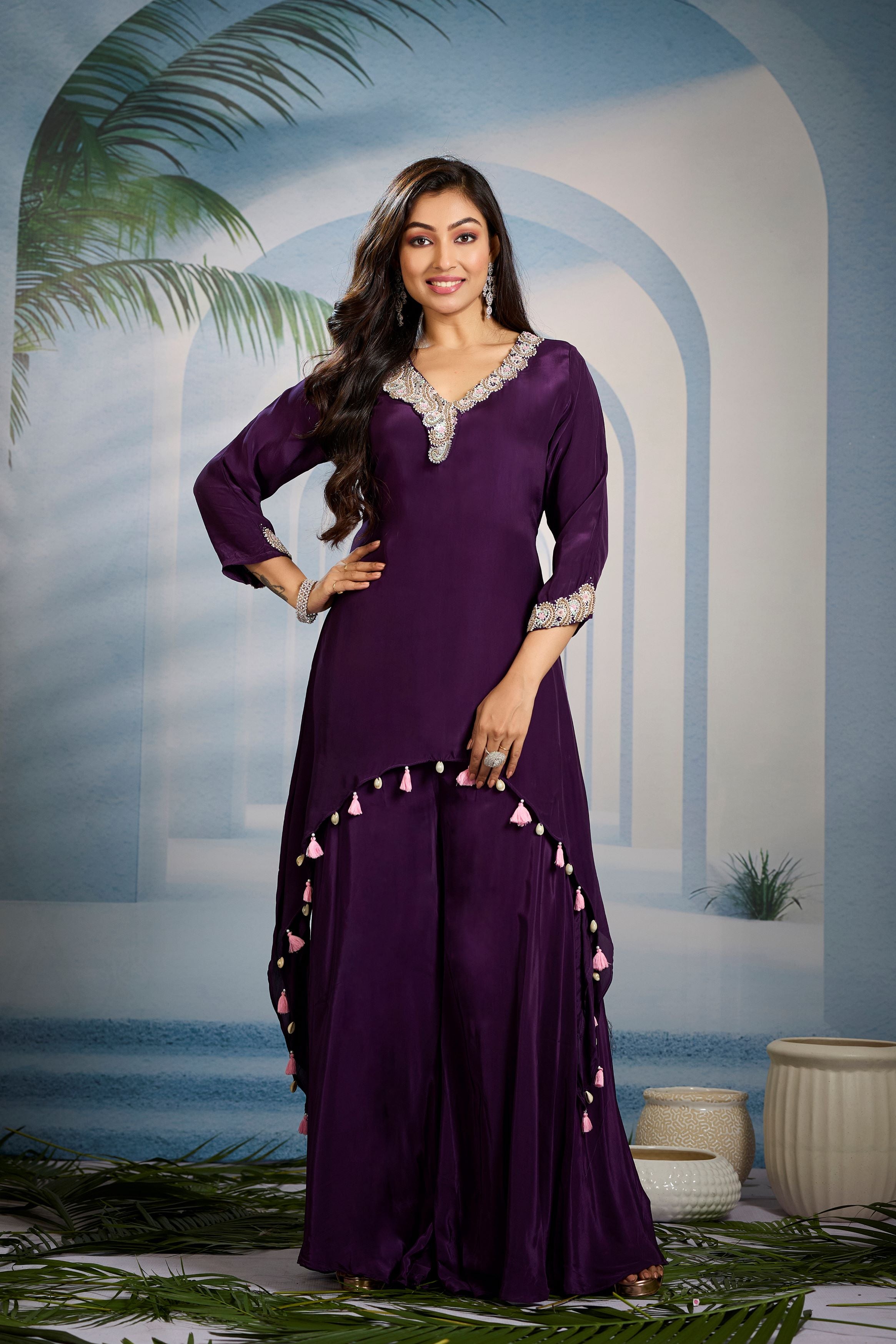 Deep Purple Embellished Crepe Silk Kurta Set