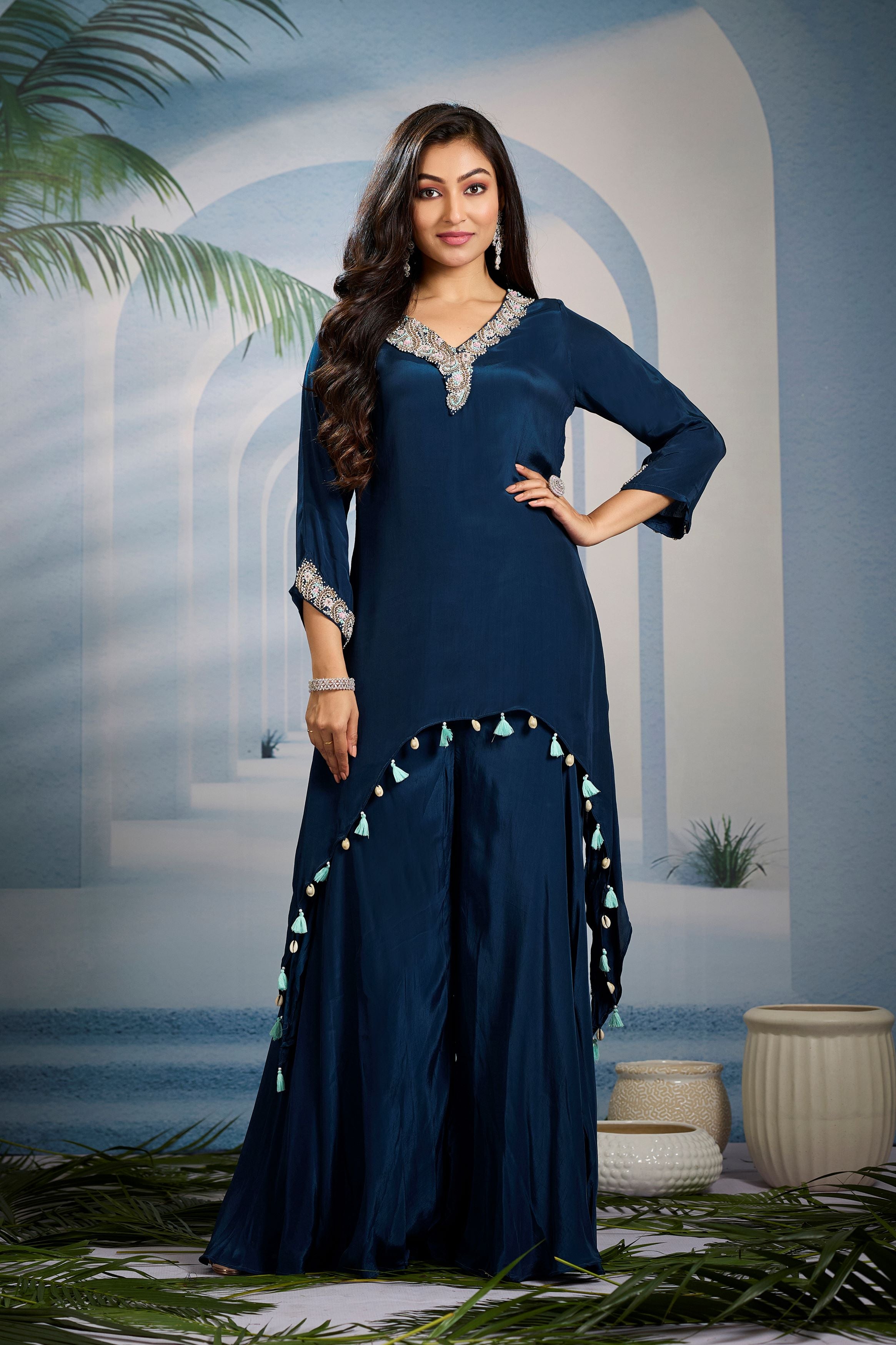 Teal Embellished Crepe Silk Kurta Set