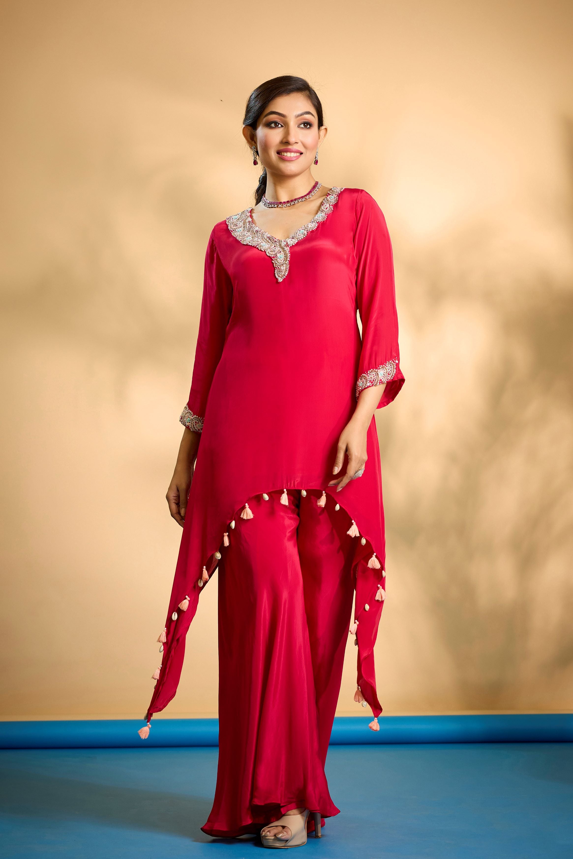 Bright Red Embellished Crepe Silk Kurta Set