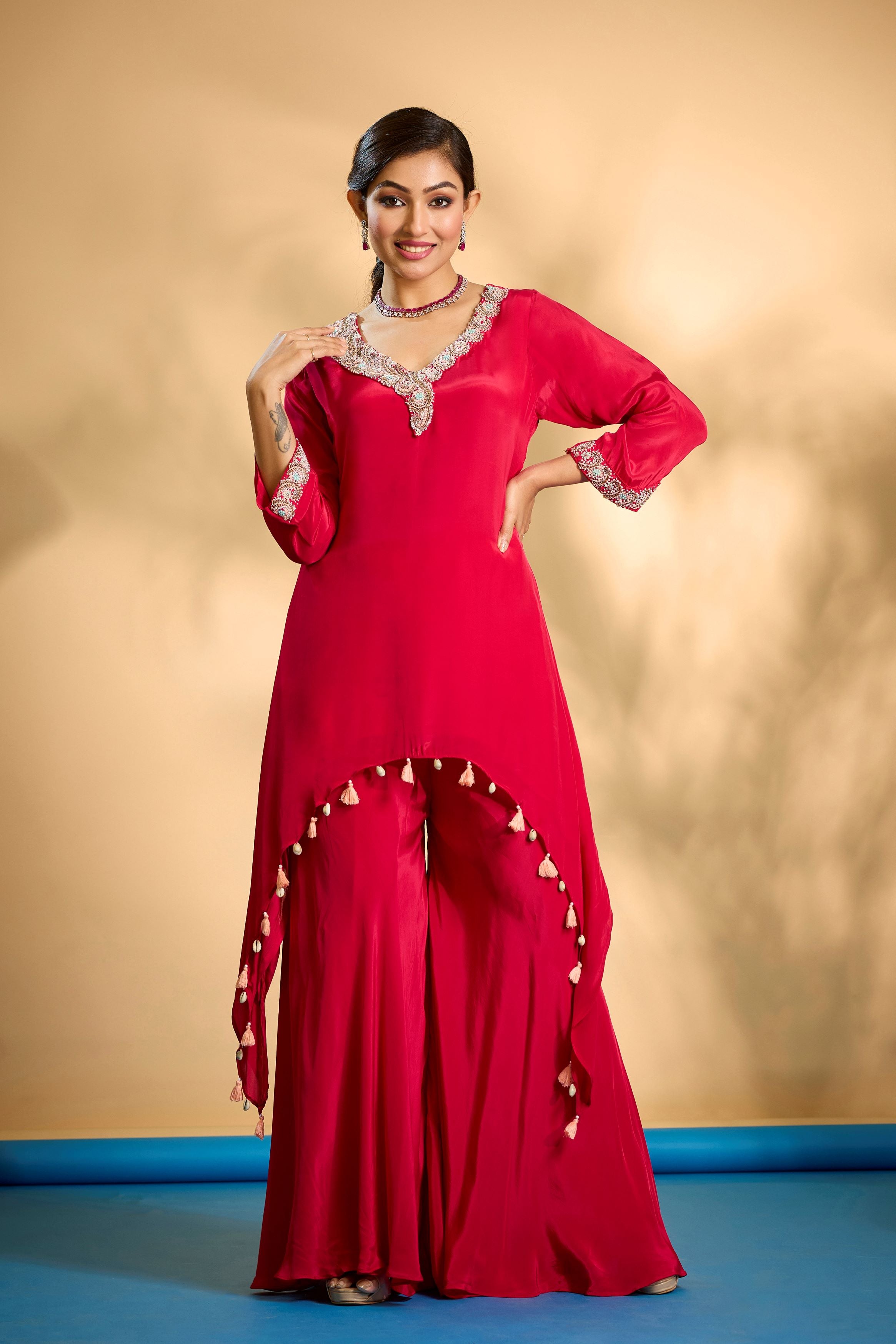 Bright Red Embellished Crepe Silk Kurta Set