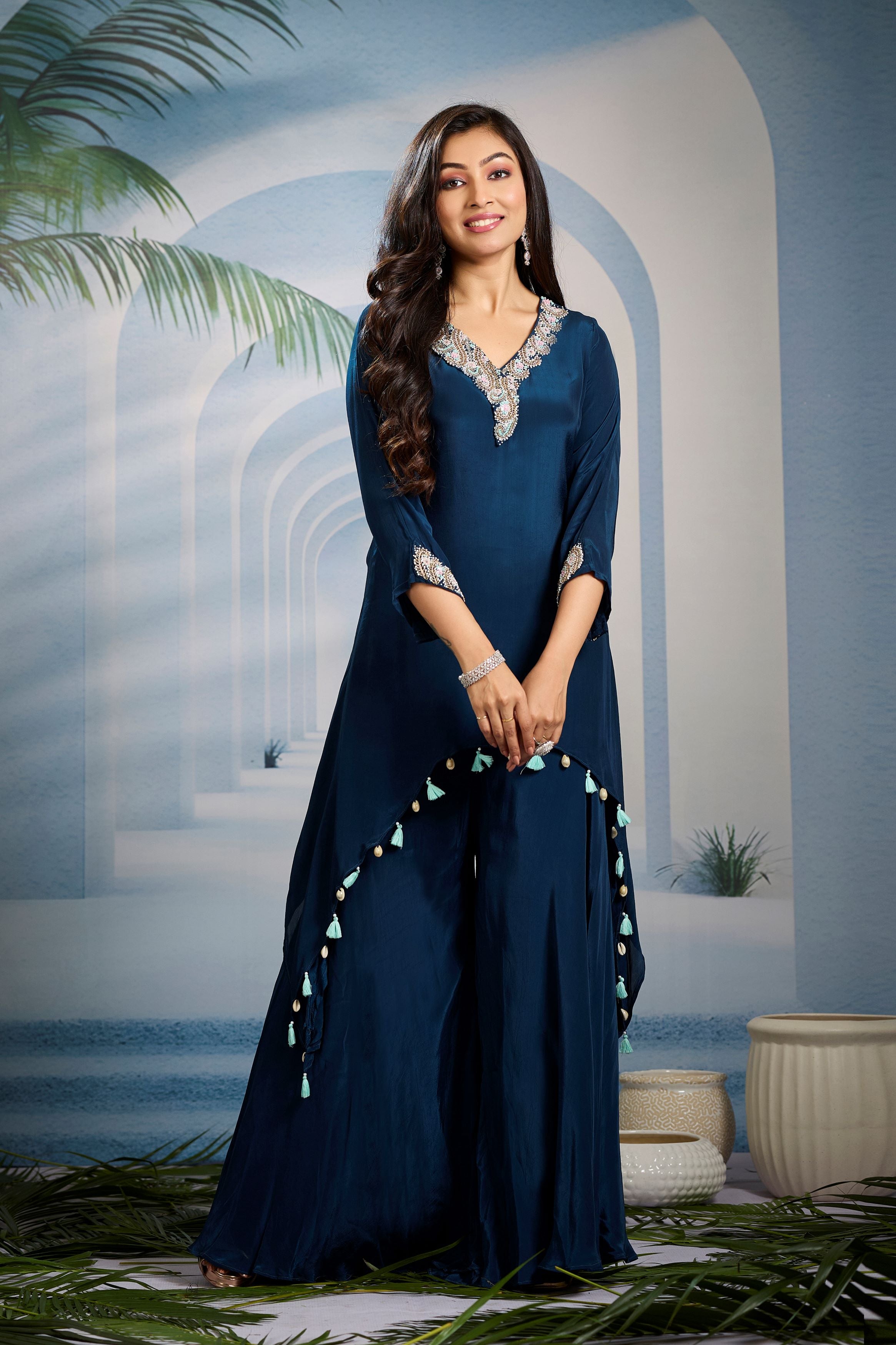 Teal Embellished Crepe Silk Kurta Set