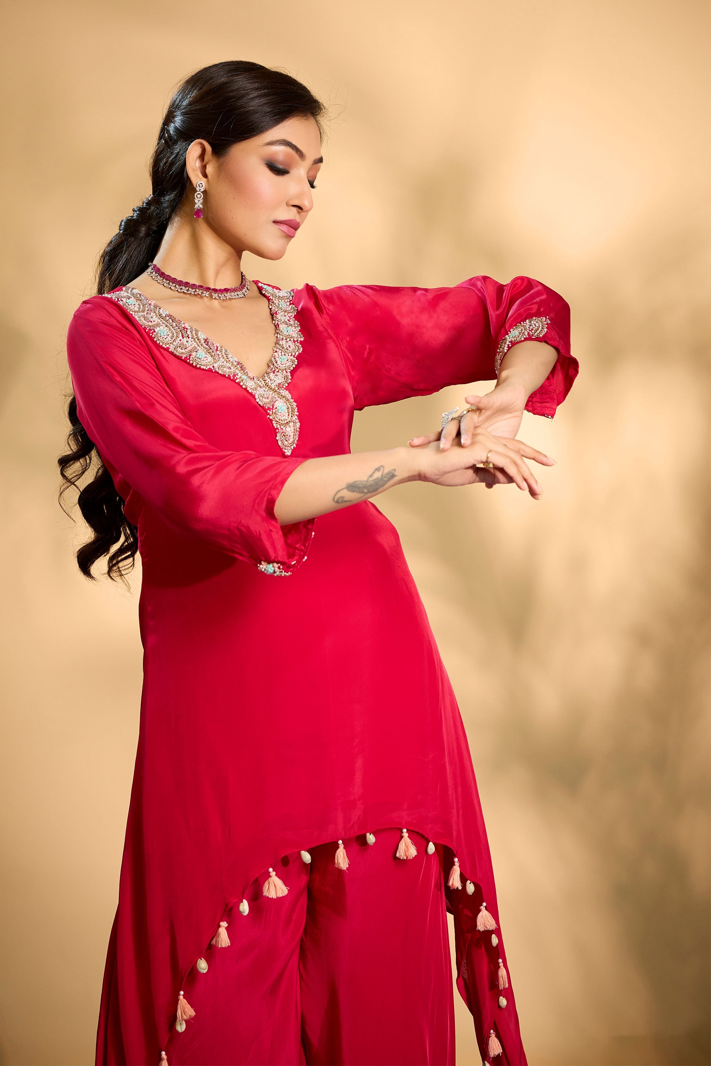 Bright Red Embellished Crepe Silk Kurta Set