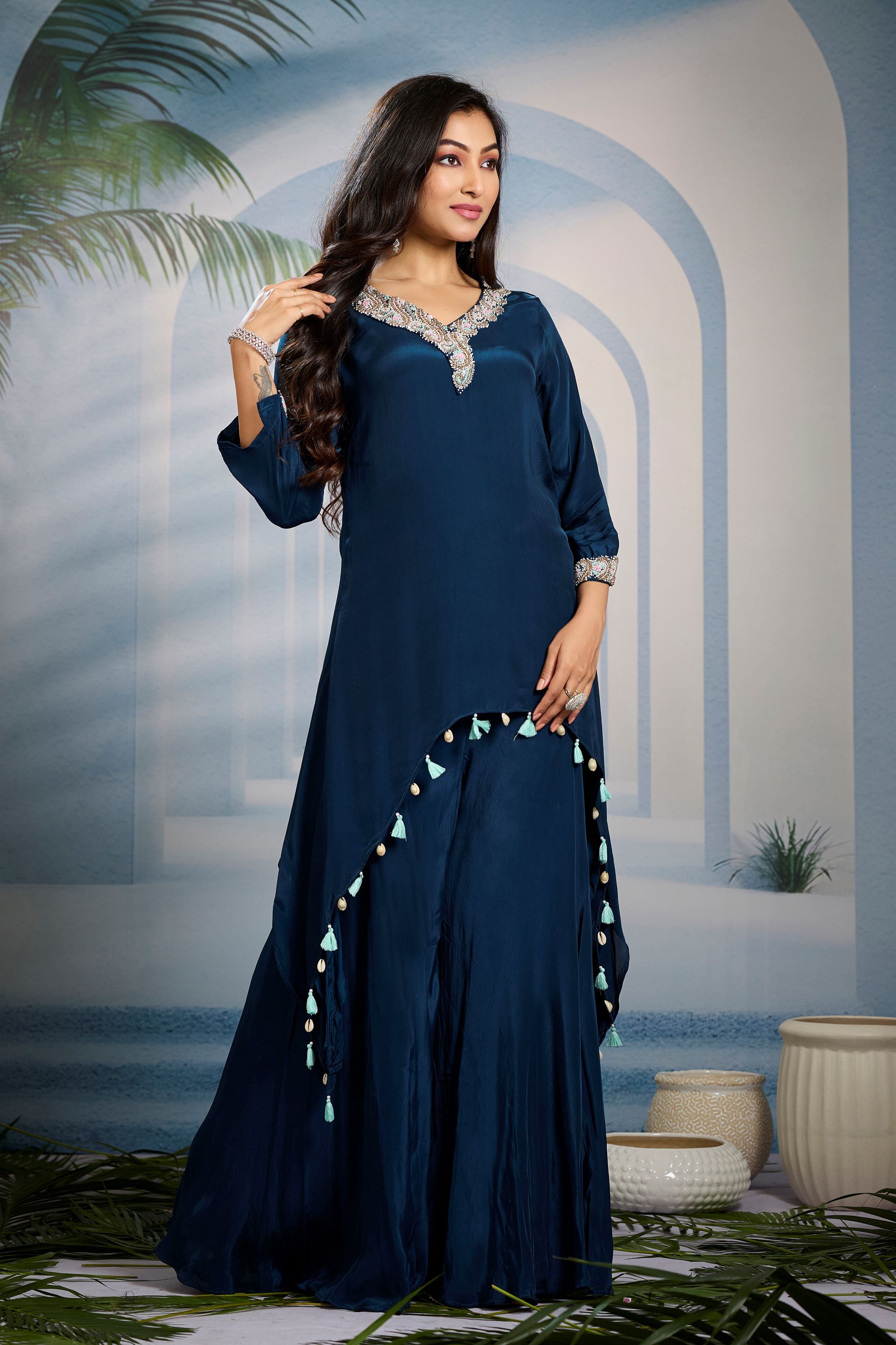 Teal Embellished Crepe Silk Kurta Set