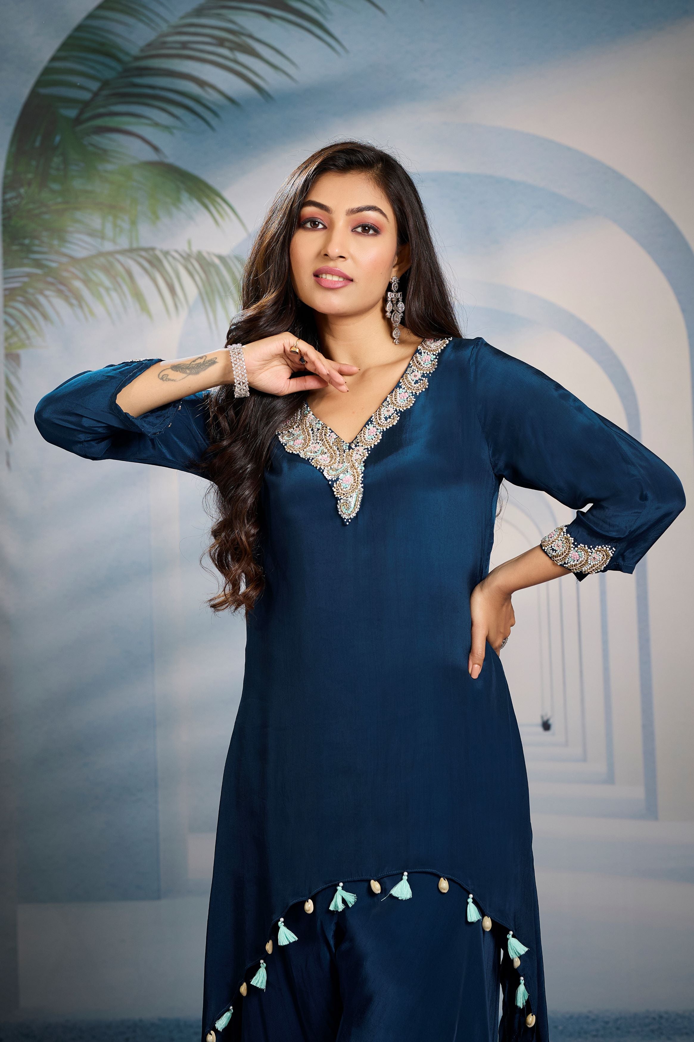 Teal Embellished Crepe Silk Kurta Set