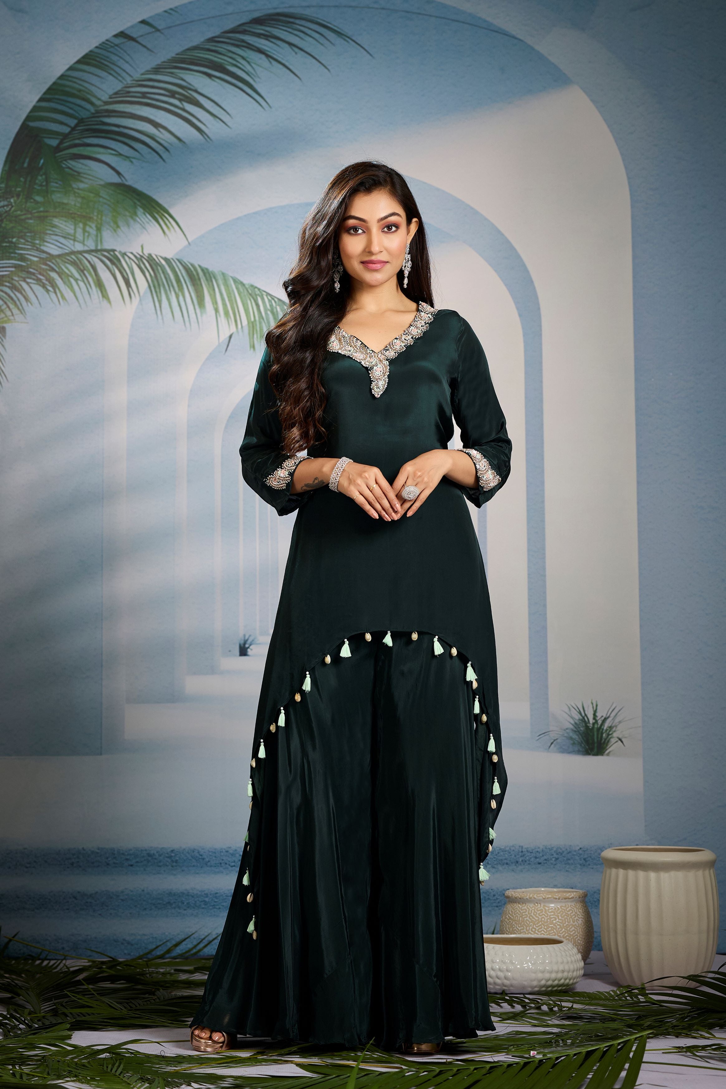 Dark Green Embellished Crepe Silk Kurta Set