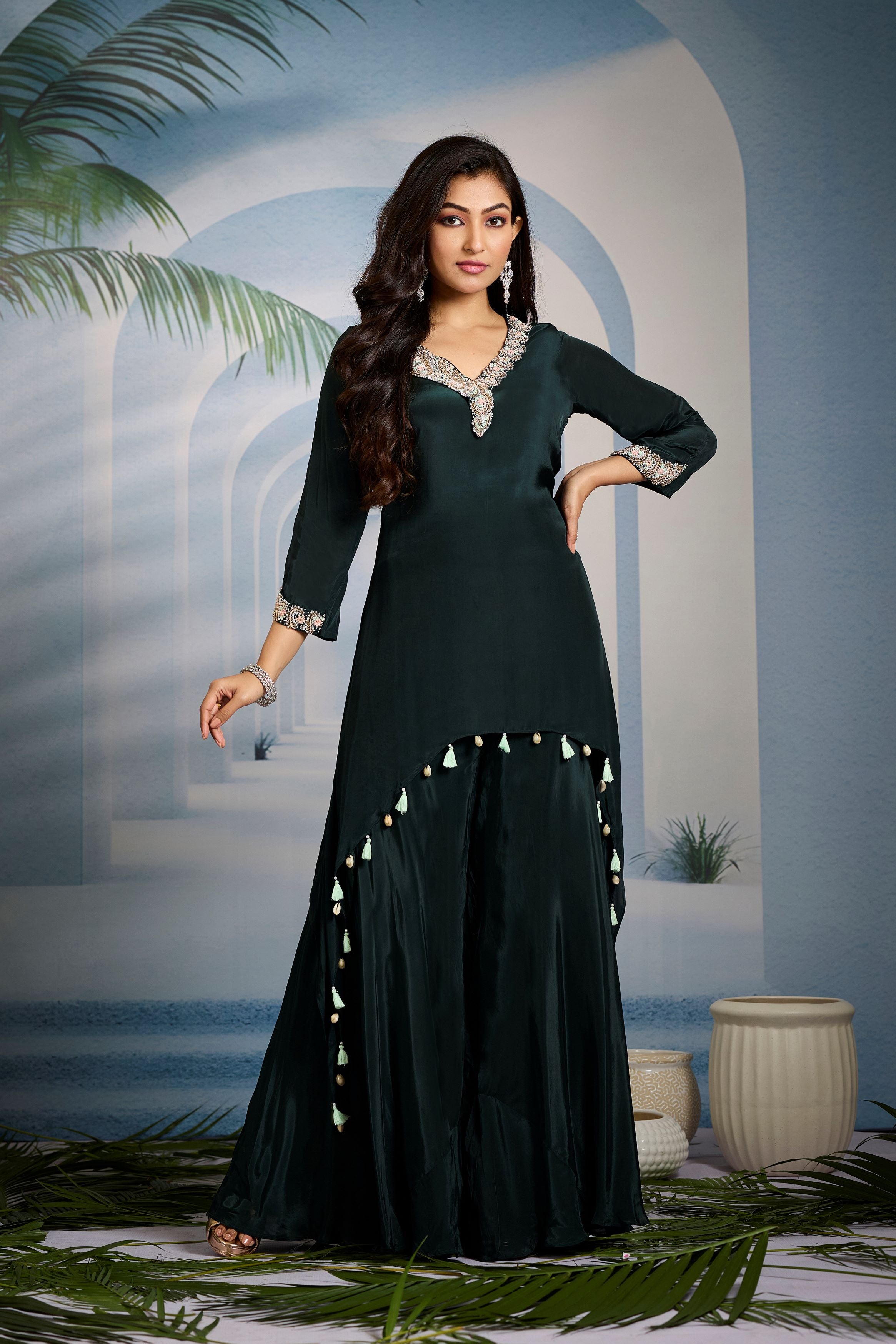 Dark Green Embellished Crepe Silk Kurta Set