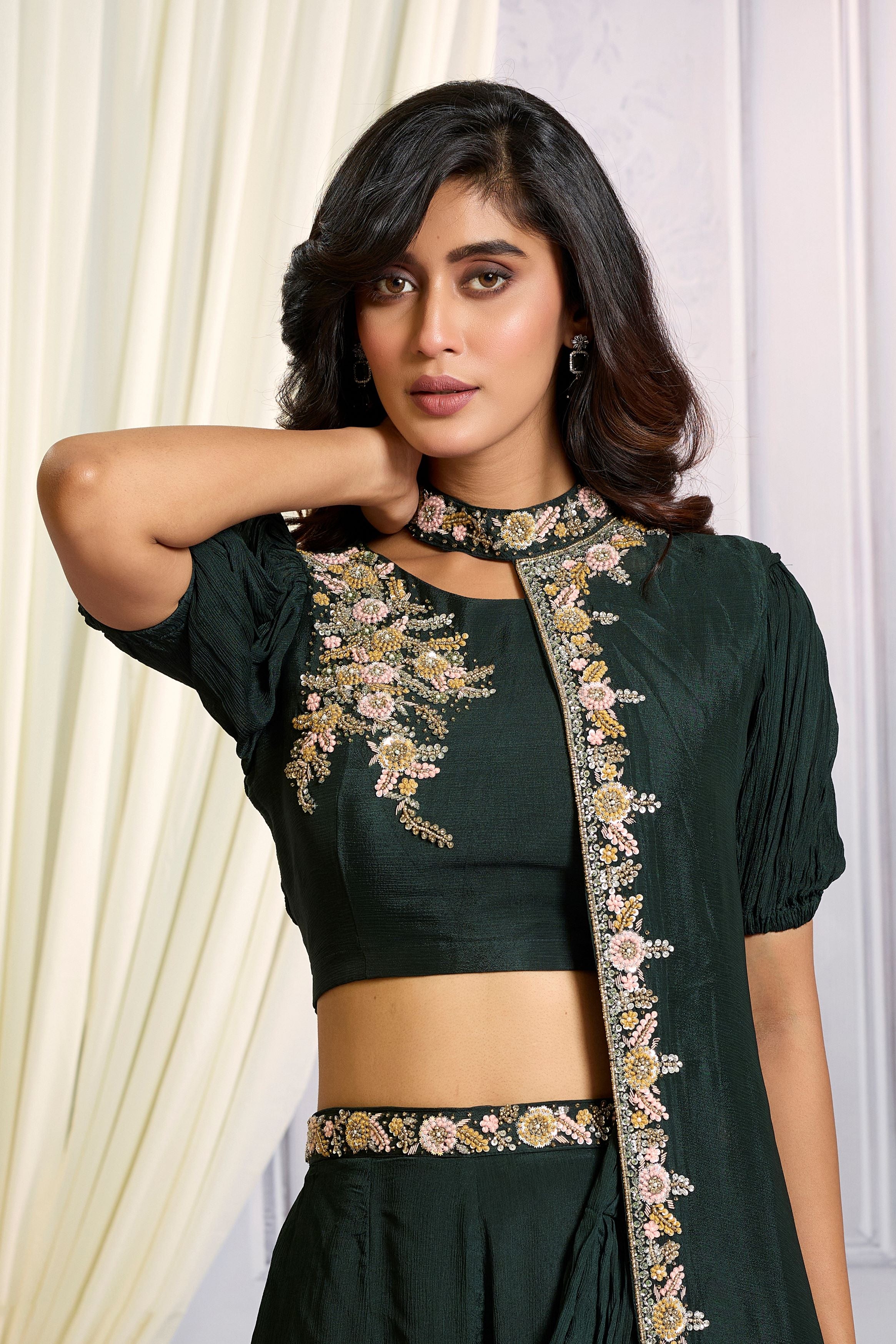 Bottle Green Embellished Chinon Silk Drape Crop Top Sharara Set