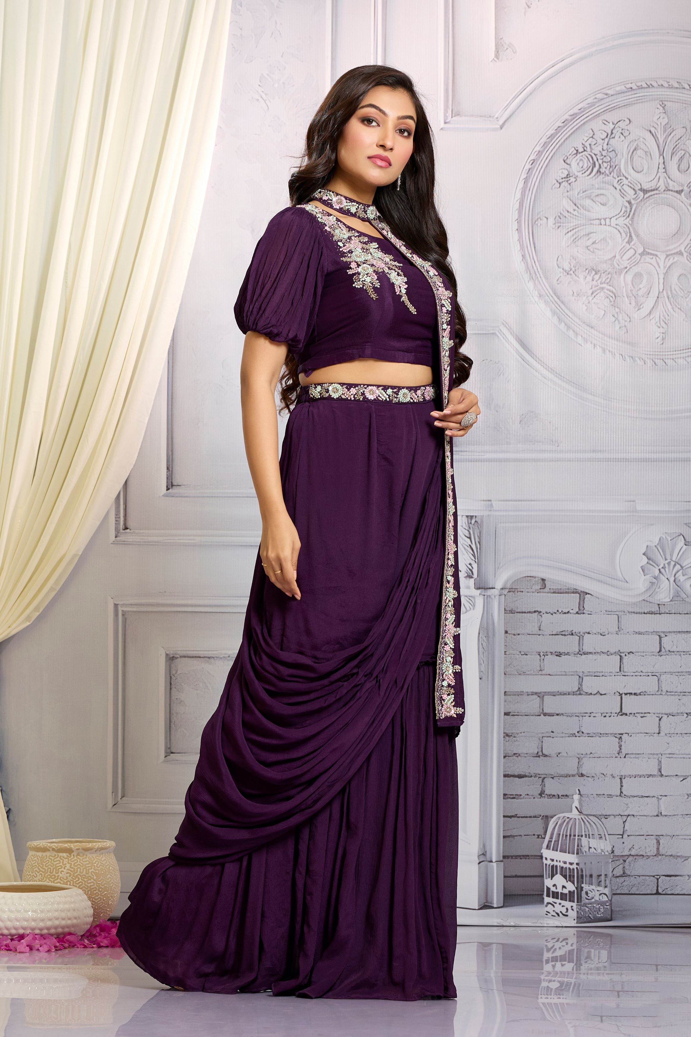 Imperial Purple Embellished Chinon Silk Drape Crop Top Sharara Set