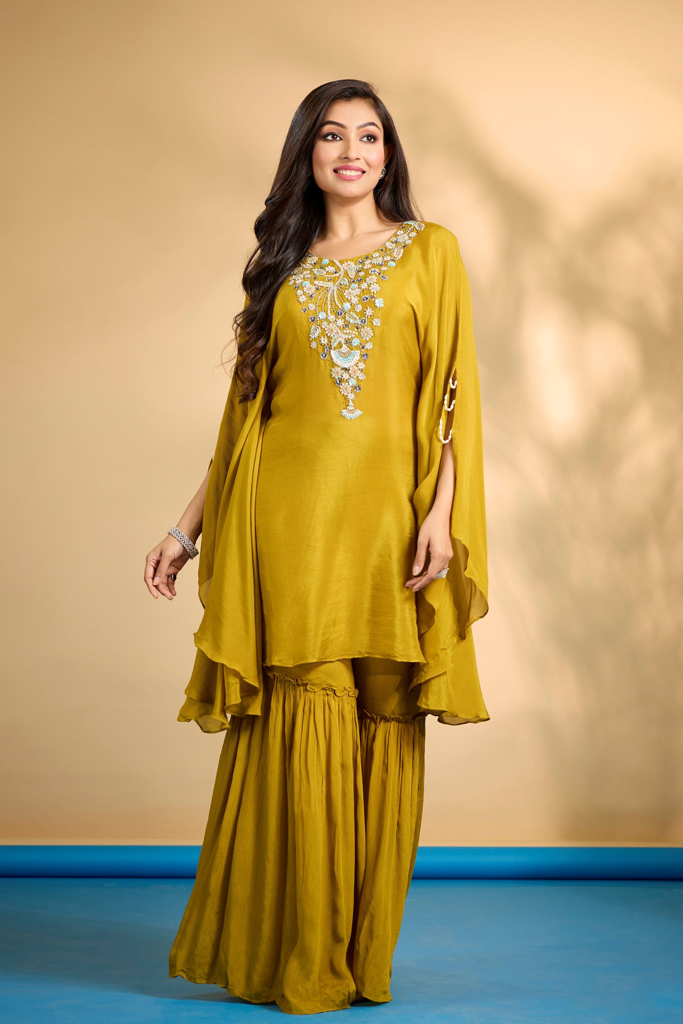 Bright Mustard Embellished Chinon Silk Kaftan Set