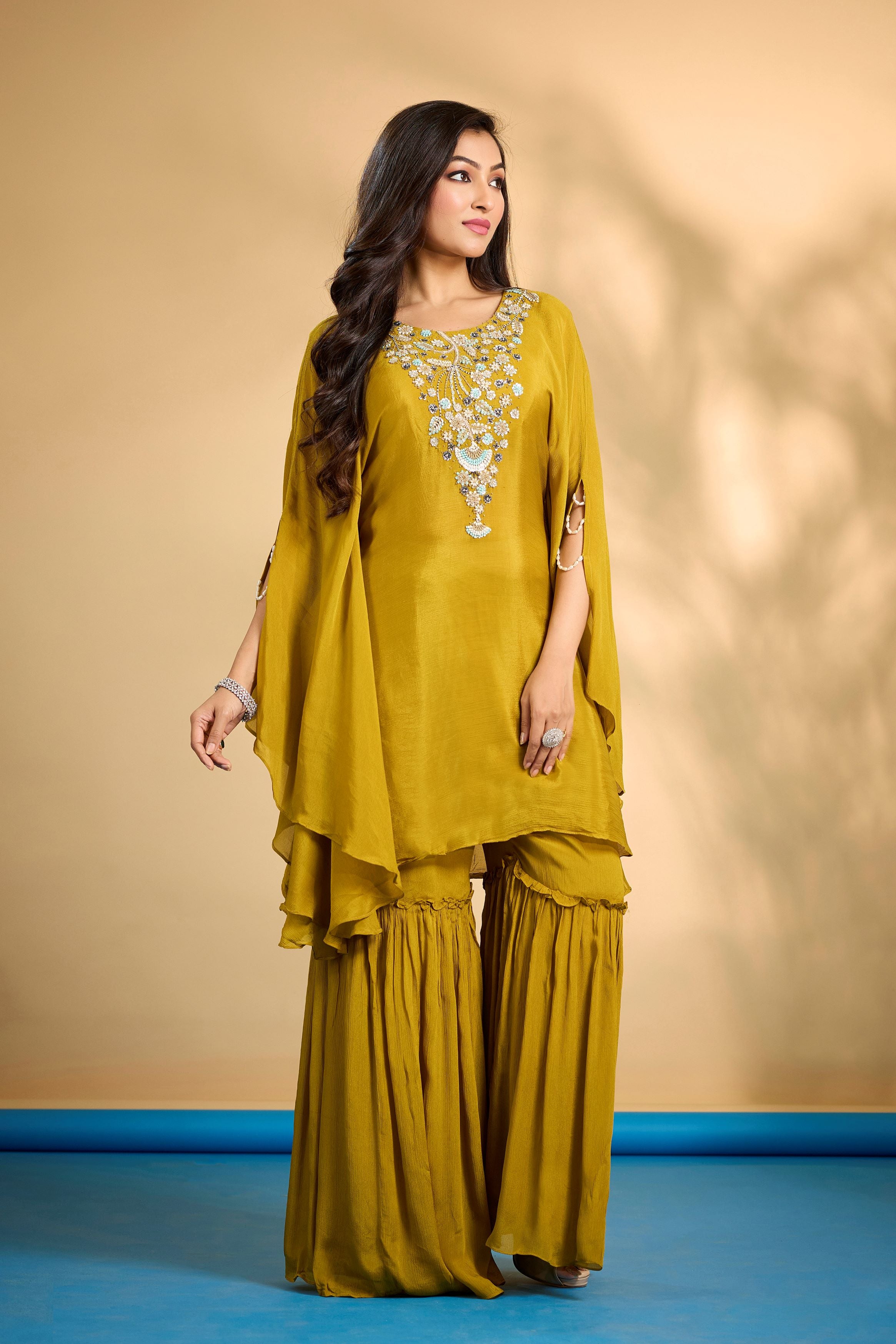 Bright Mustard Embellished Chinon Silk Kaftan Set