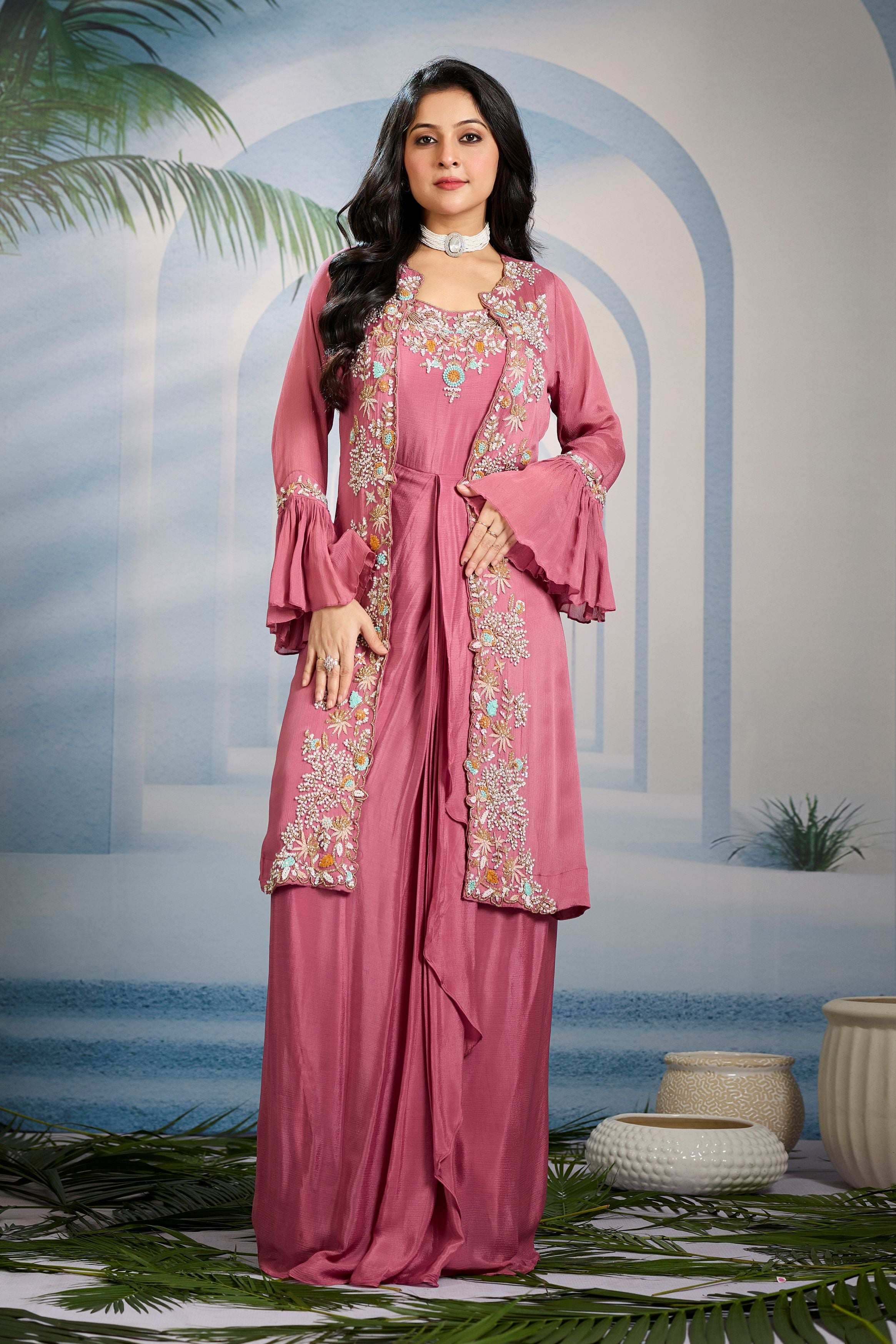 Chic Pink Embellished Chinon Silk Cape Gown