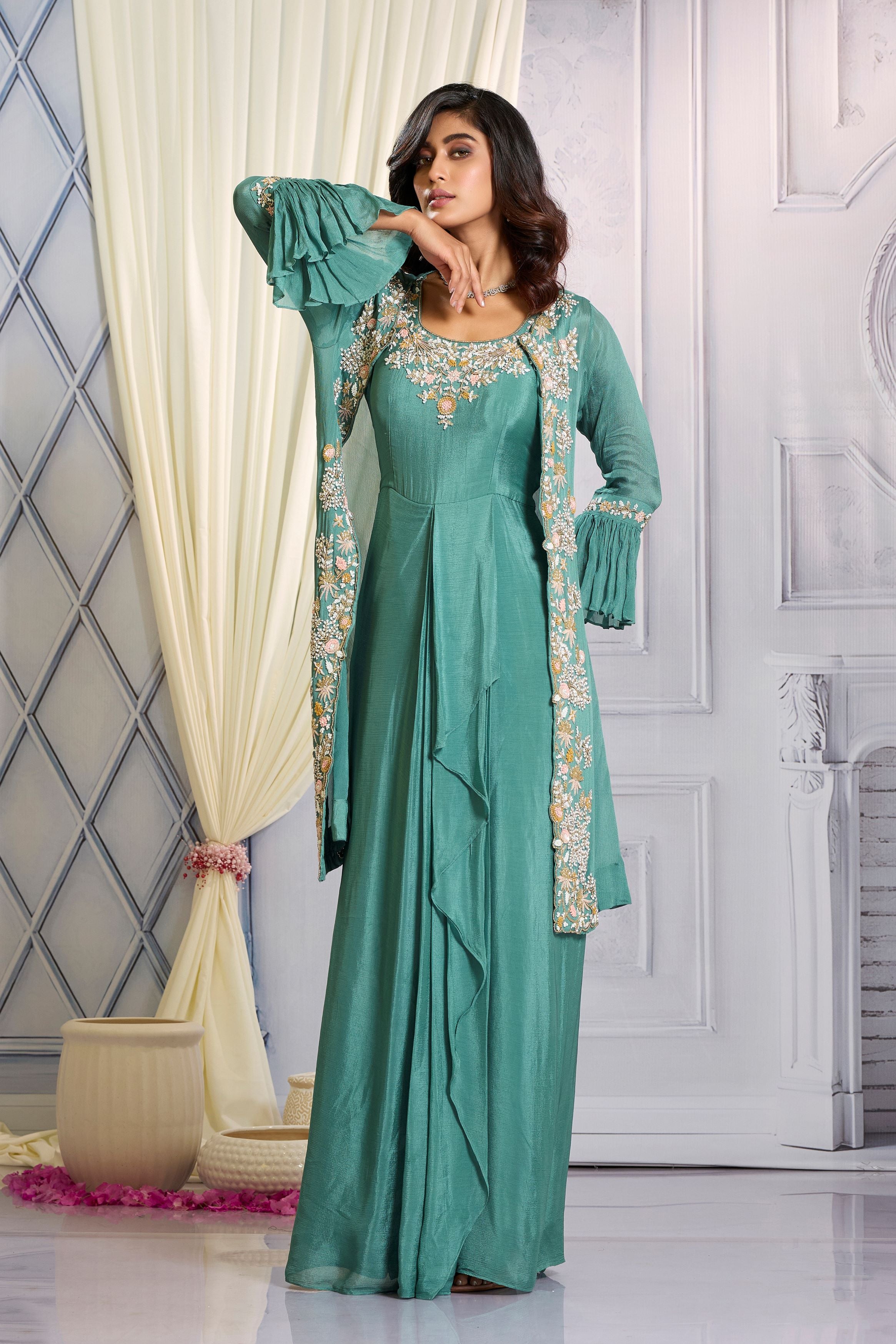 Teal Green Embellished Chinon Silk Cape Gown