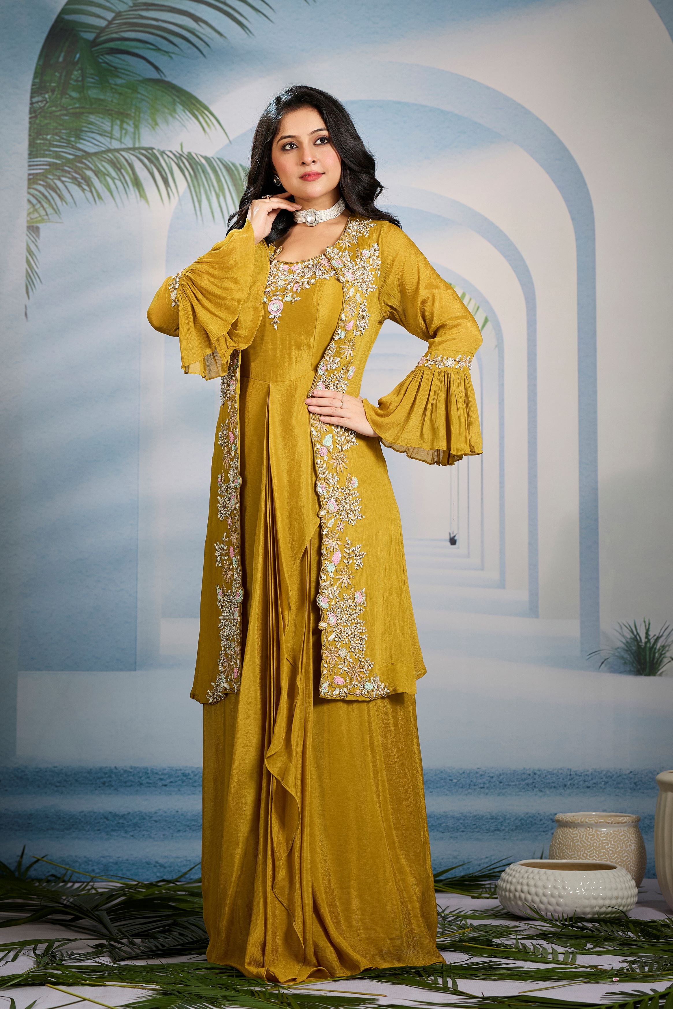 Corn Yellow Embellished Chinon Silk Cape Gown