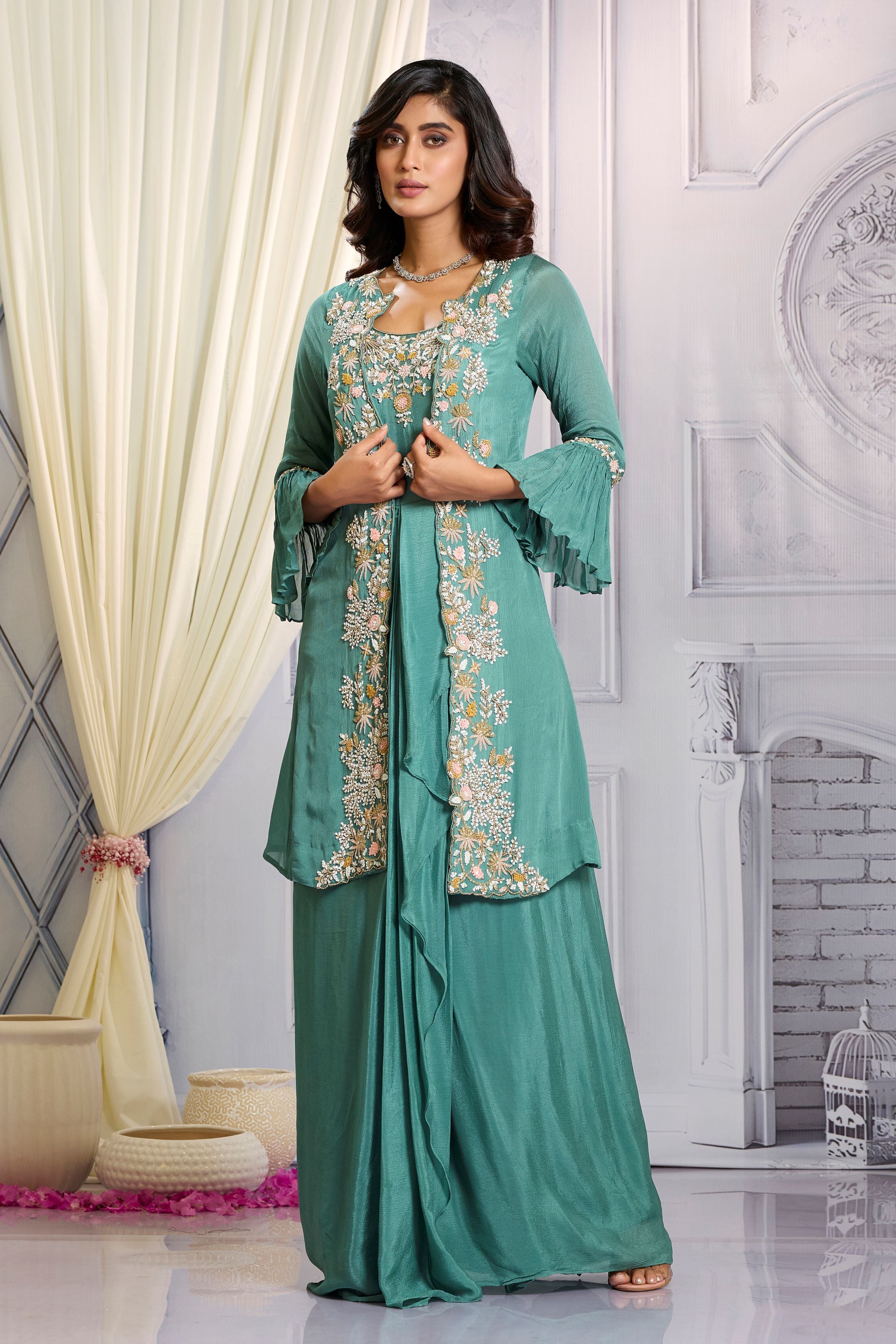 Teal Green Embellished Chinon Silk Cape Gown