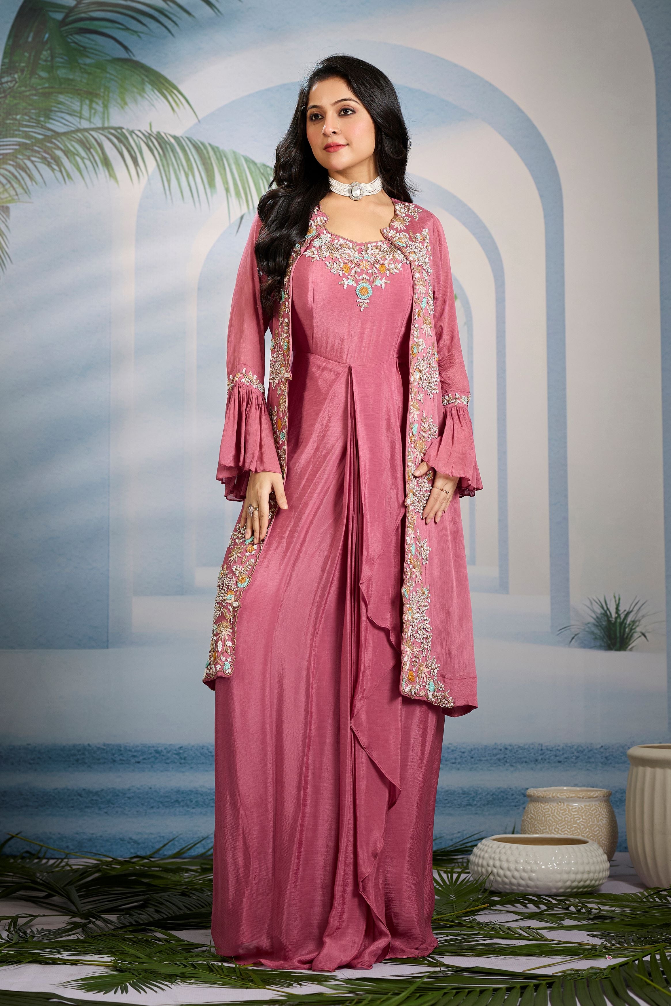 Chic Pink Embellished Chinon Silk Cape Gown