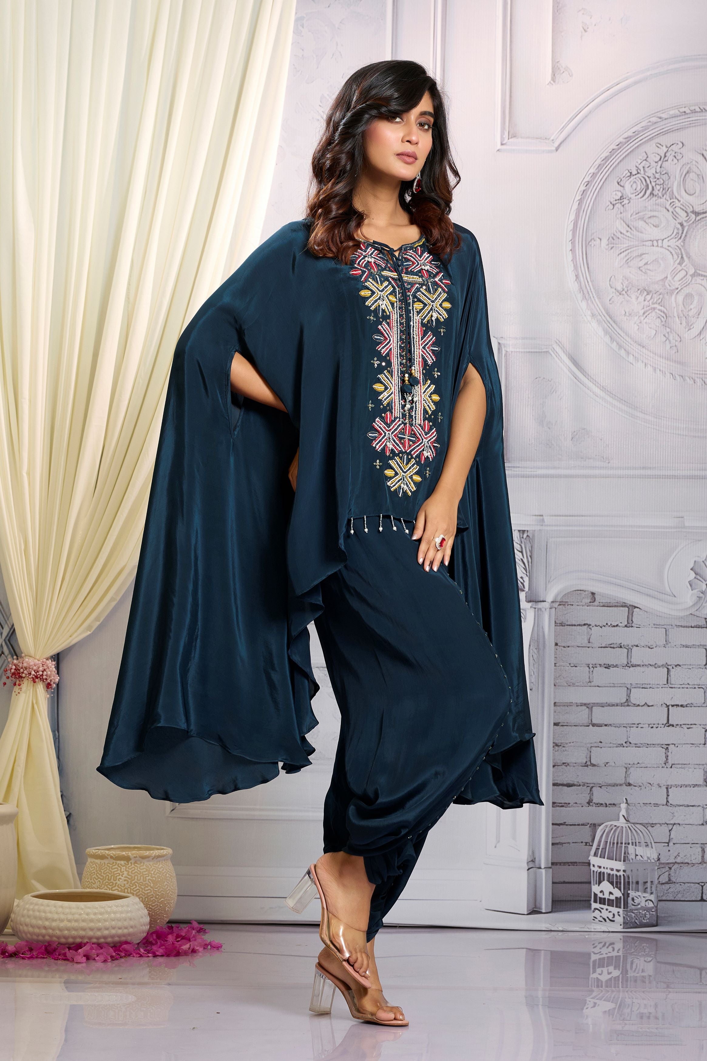 Dark Teal Embellished Chinon Silk Kaftan Set