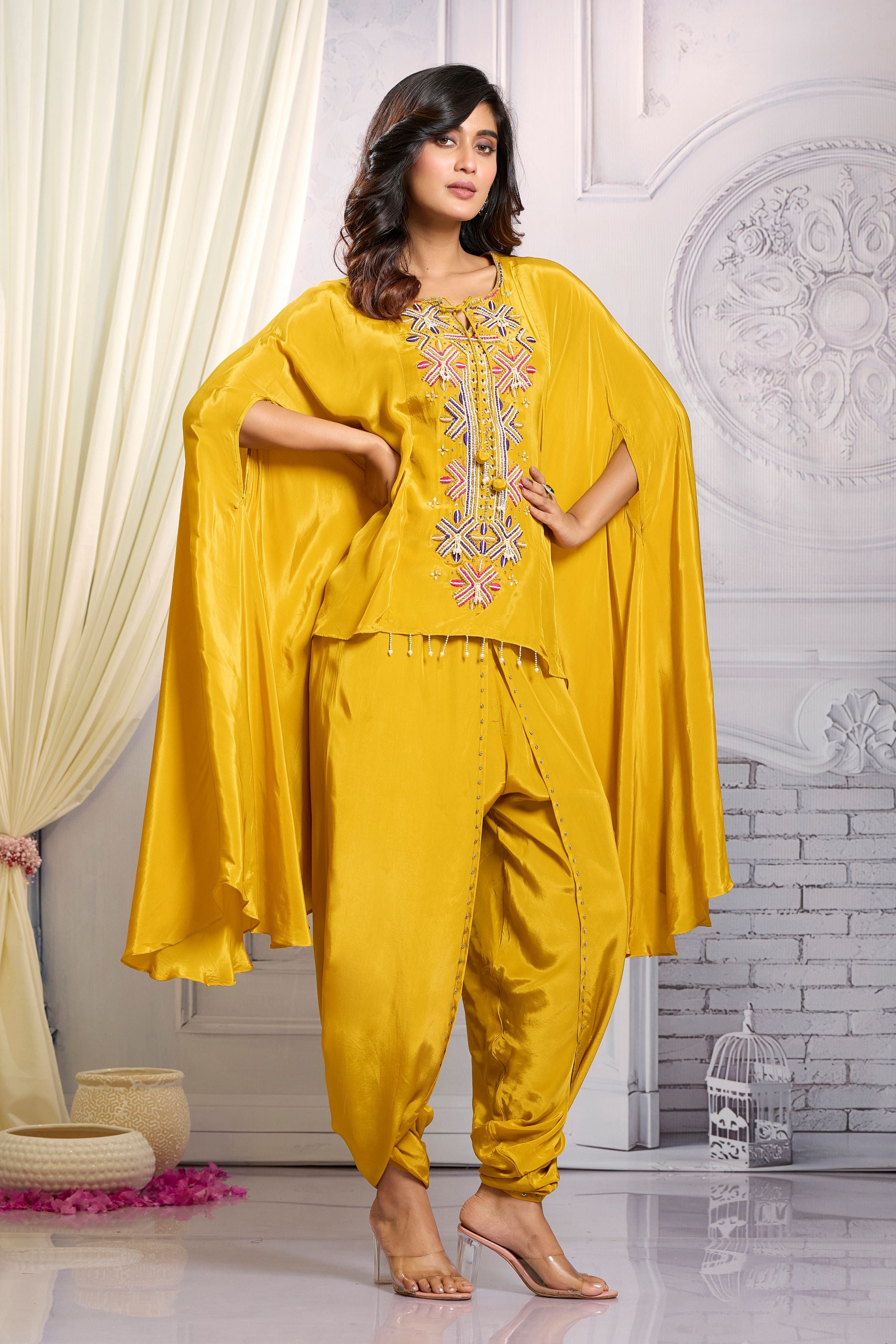 Mustard Embellished Chinon Silk Kaftan Set