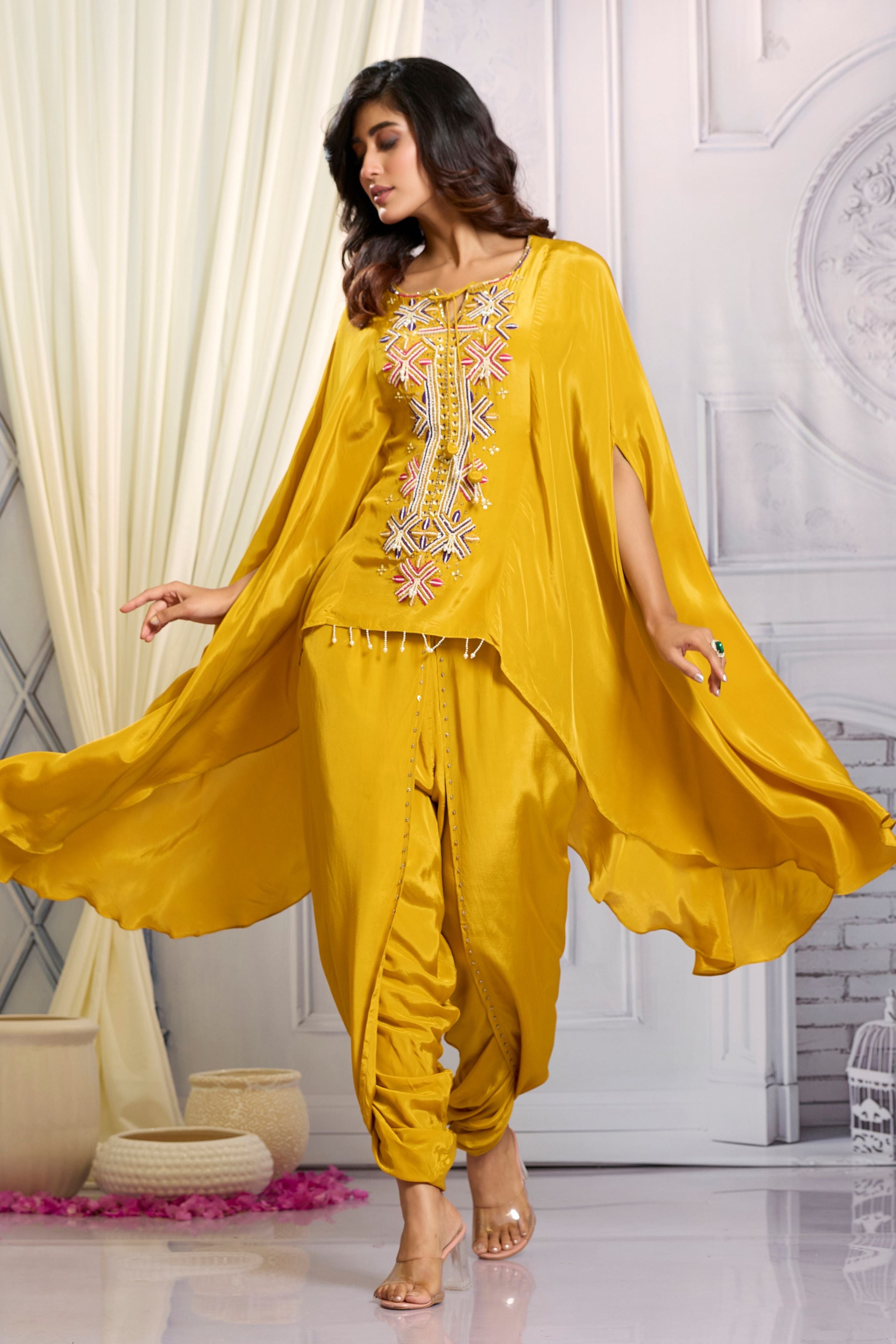 Mustard Embellished Chinon Silk Kaftan Set