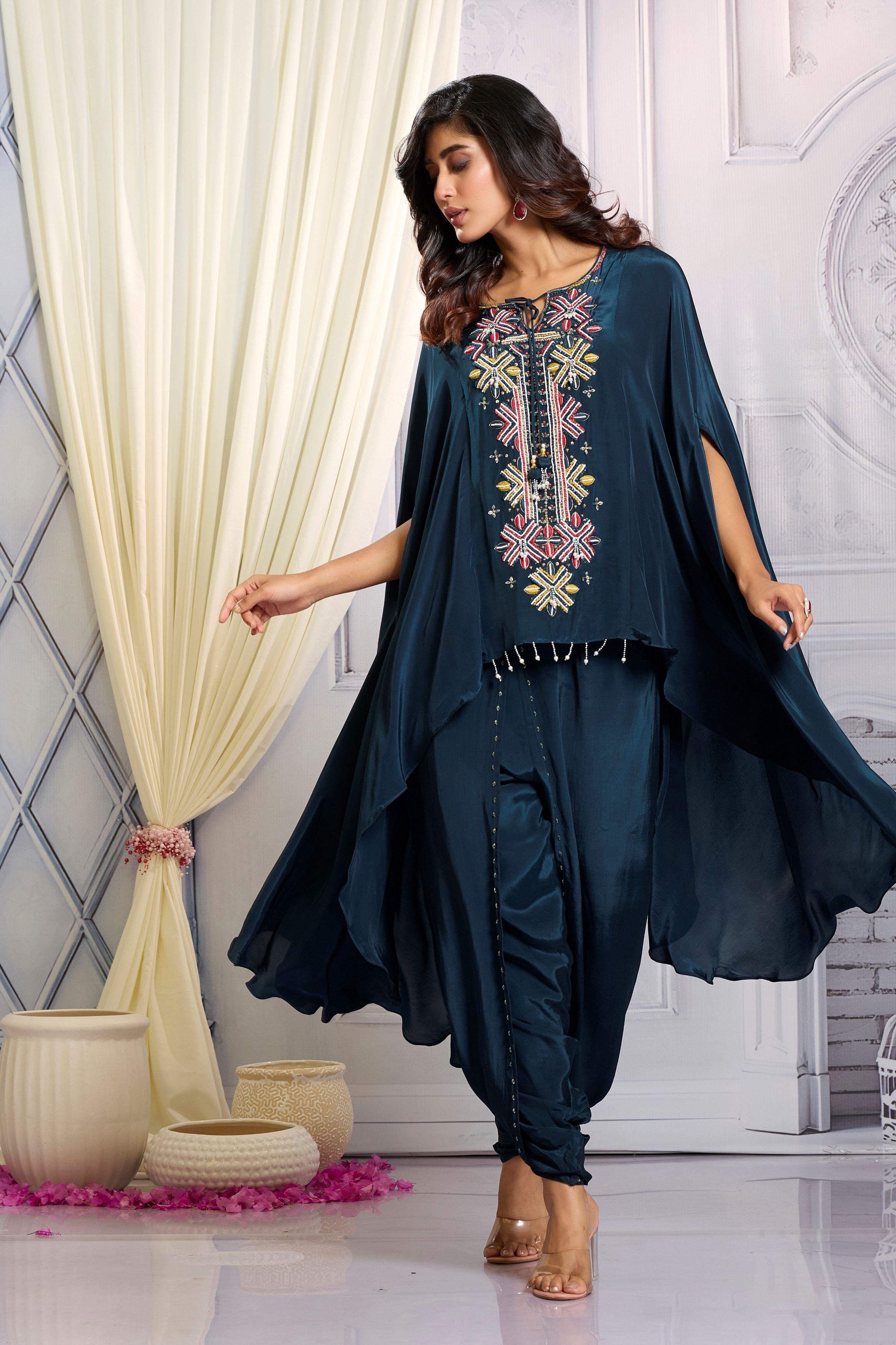 Dark Teal Embellished Chinon Silk Kaftan Set