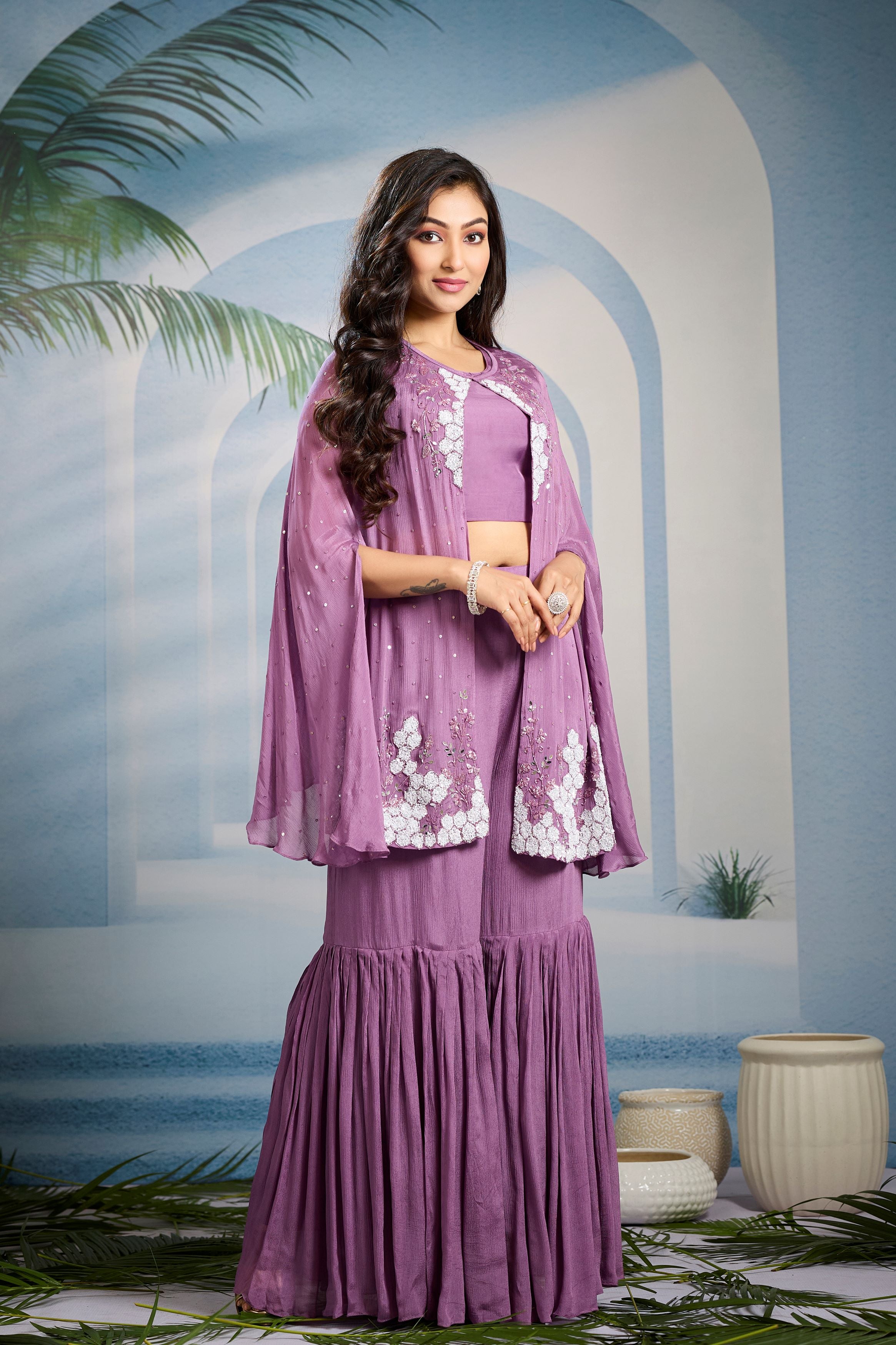 Pastel Purple Embellished Chinon Silk Cape Set