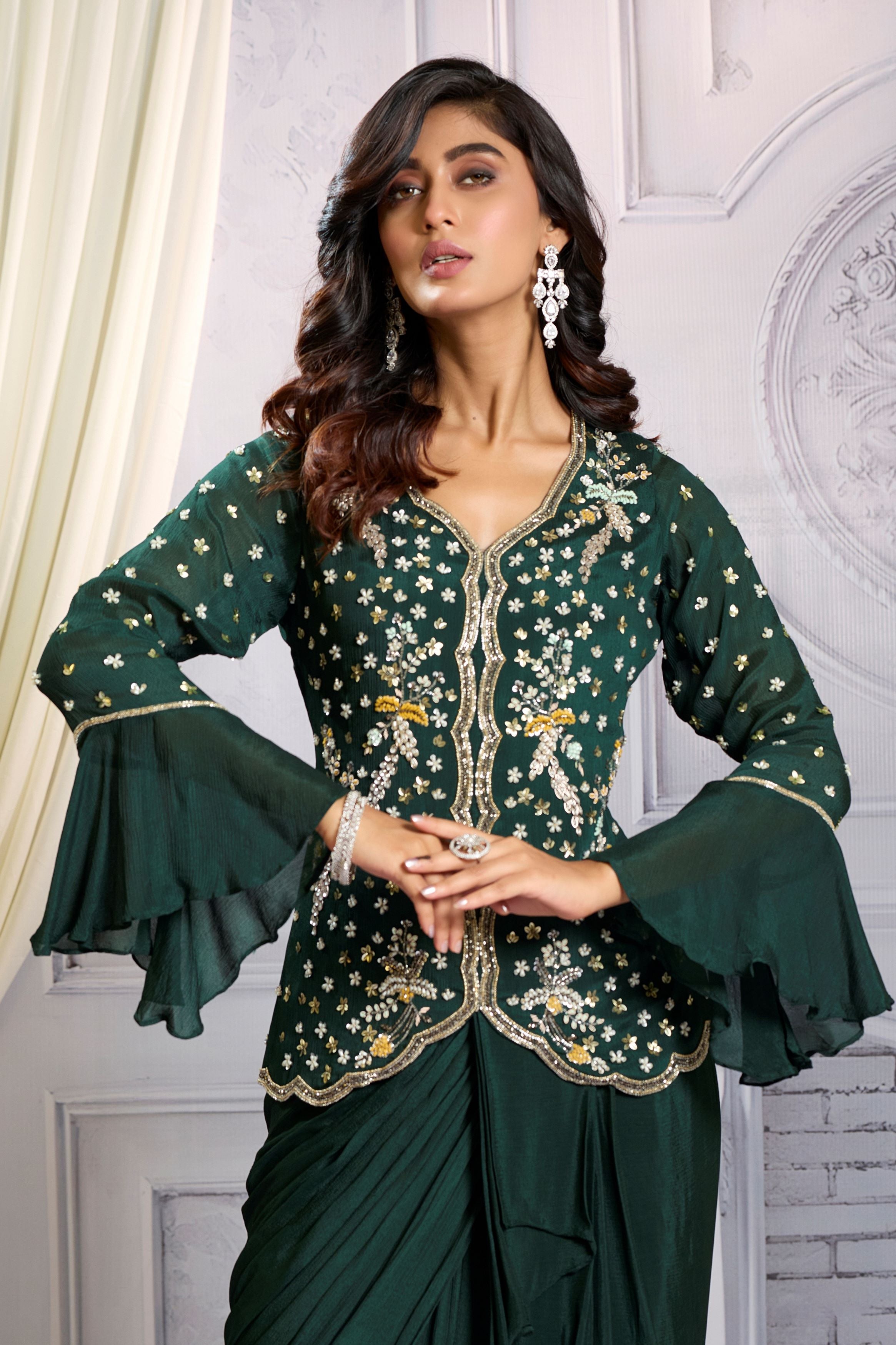 Bottle Green Embellished  Chinon Silk Skirt Set