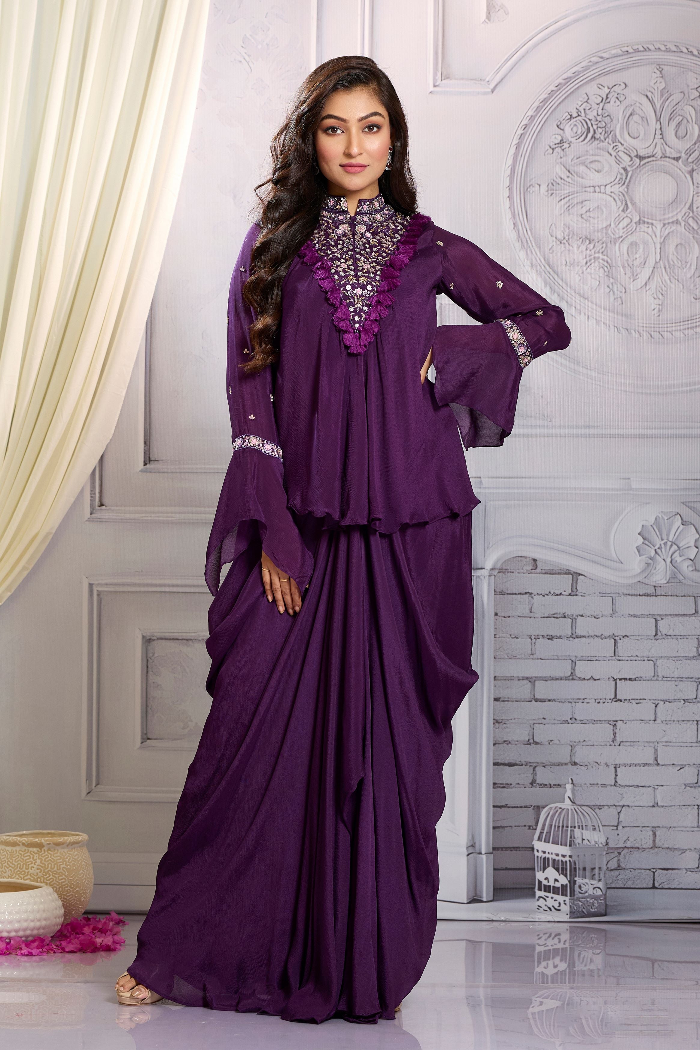 Purple Embellished Chinon Silk Skirt Set