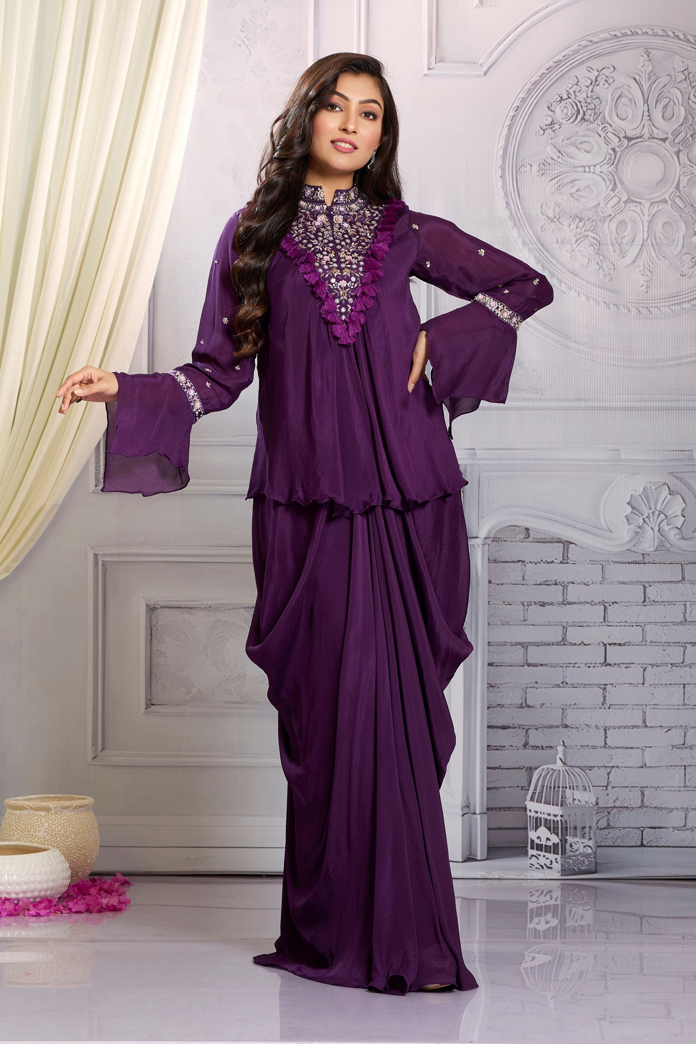 Purple Embellished Chinon Silk Skirt Set