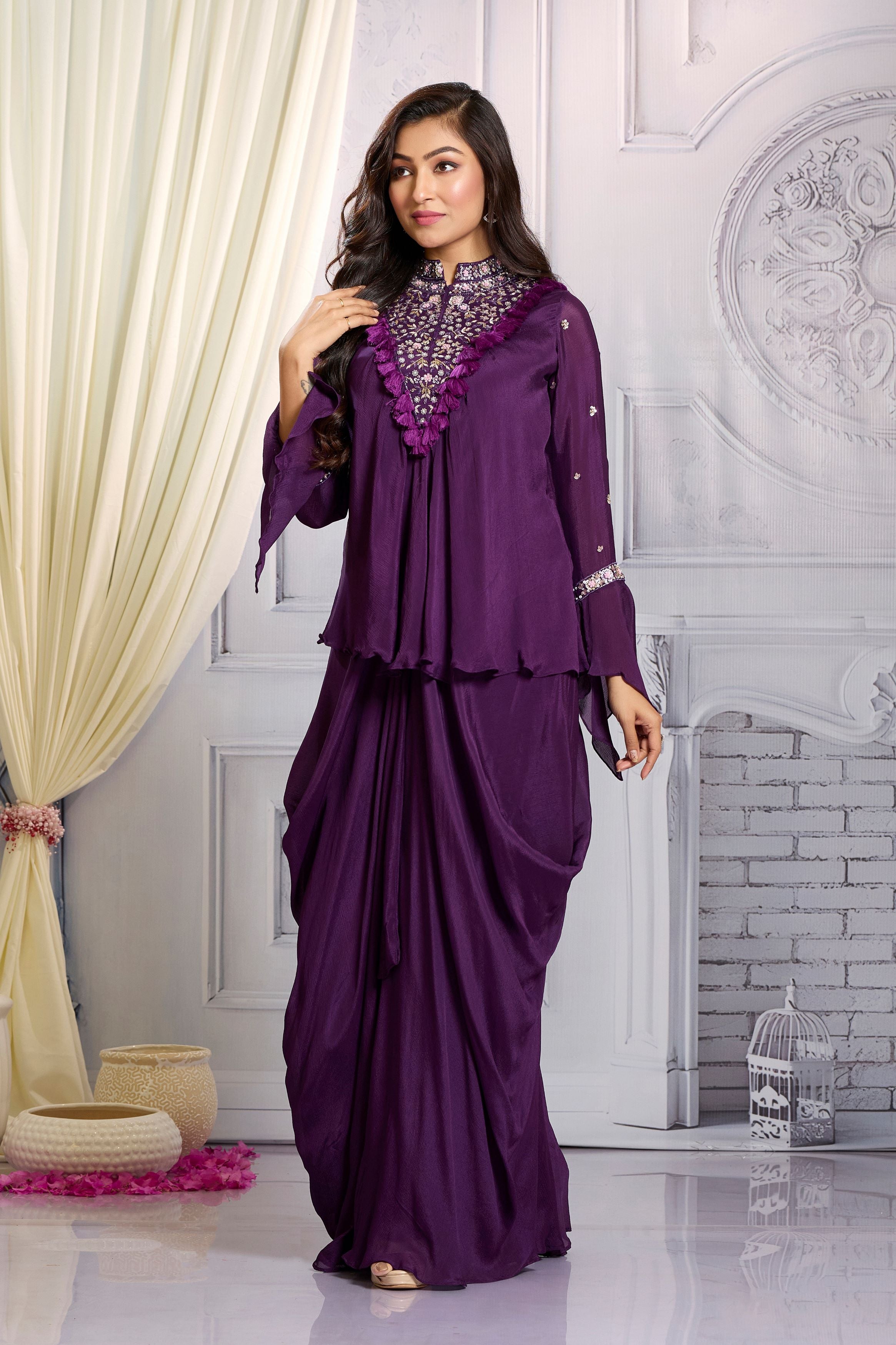 Purple Embellished Chinon Silk Skirt Set