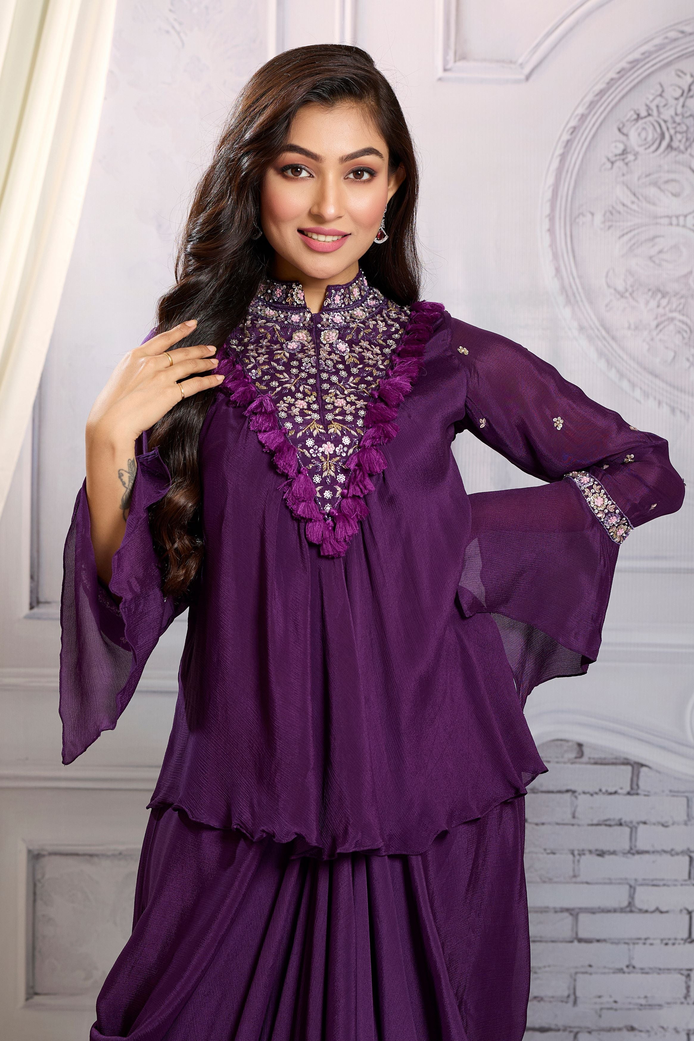 Purple Embellished Chinon Silk Skirt Set