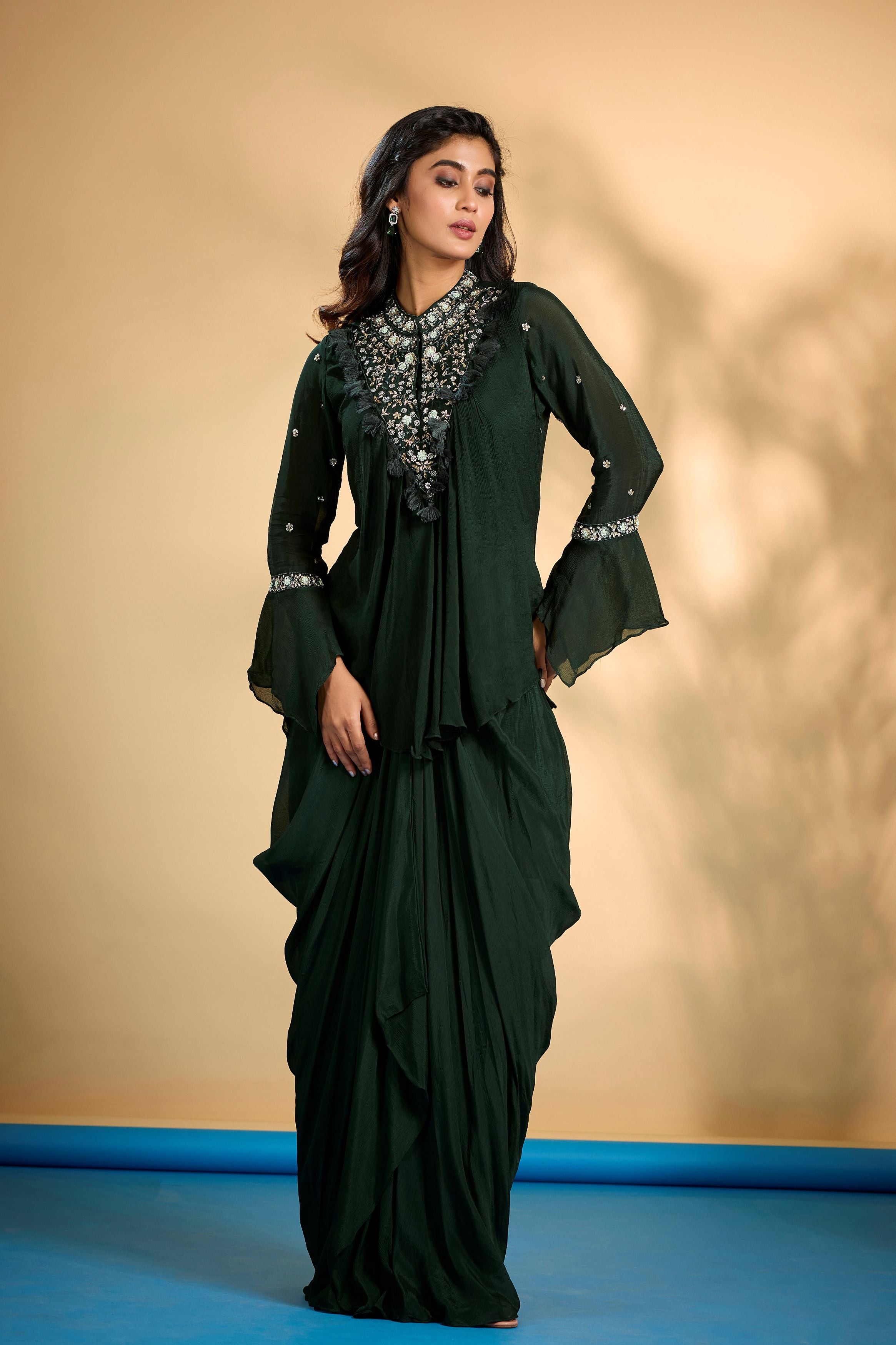 Bottle Green Embellished Chinon Silk Skirt Set