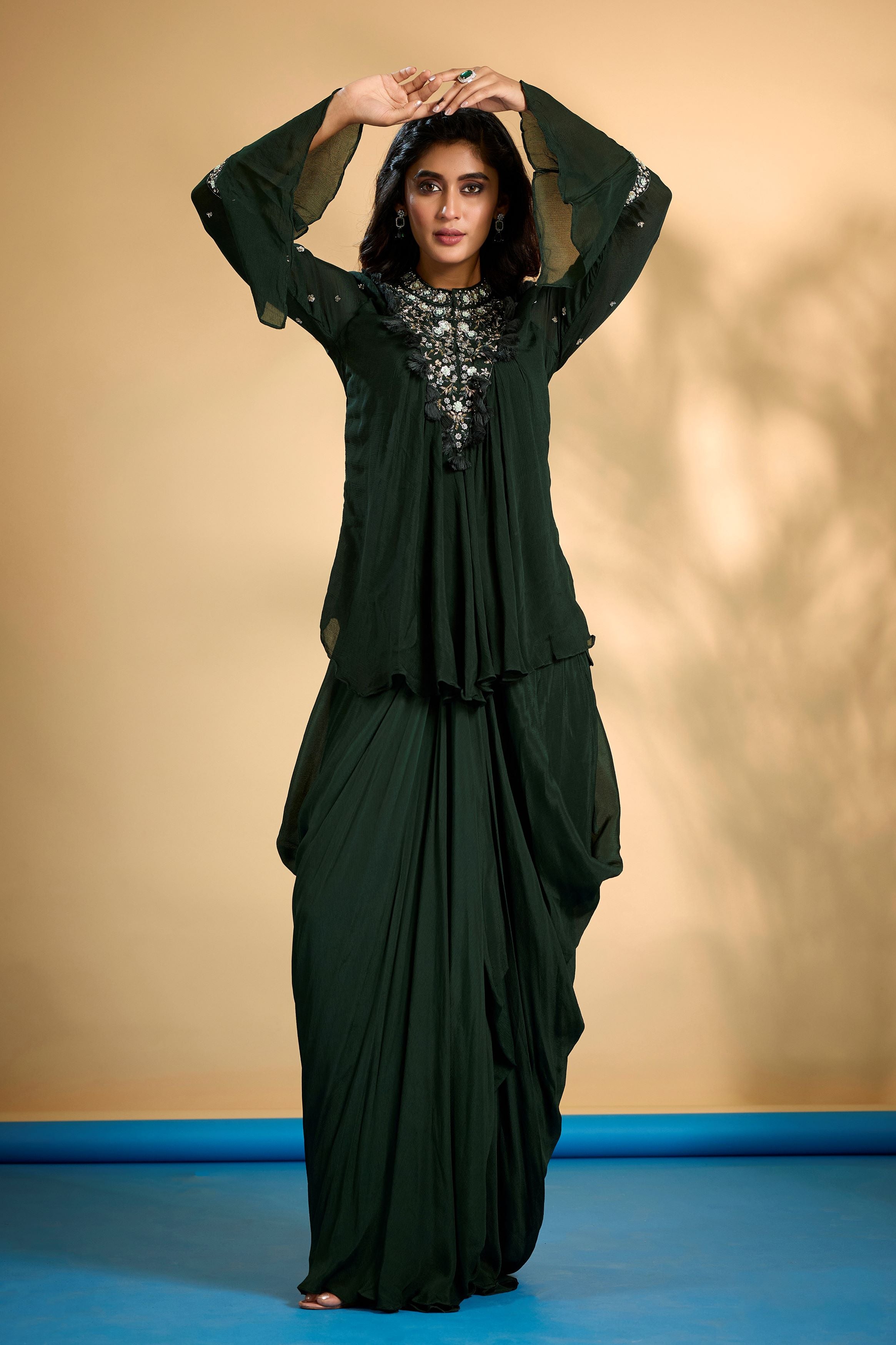 Bottle Green Embellished Chinon Silk Skirt Set