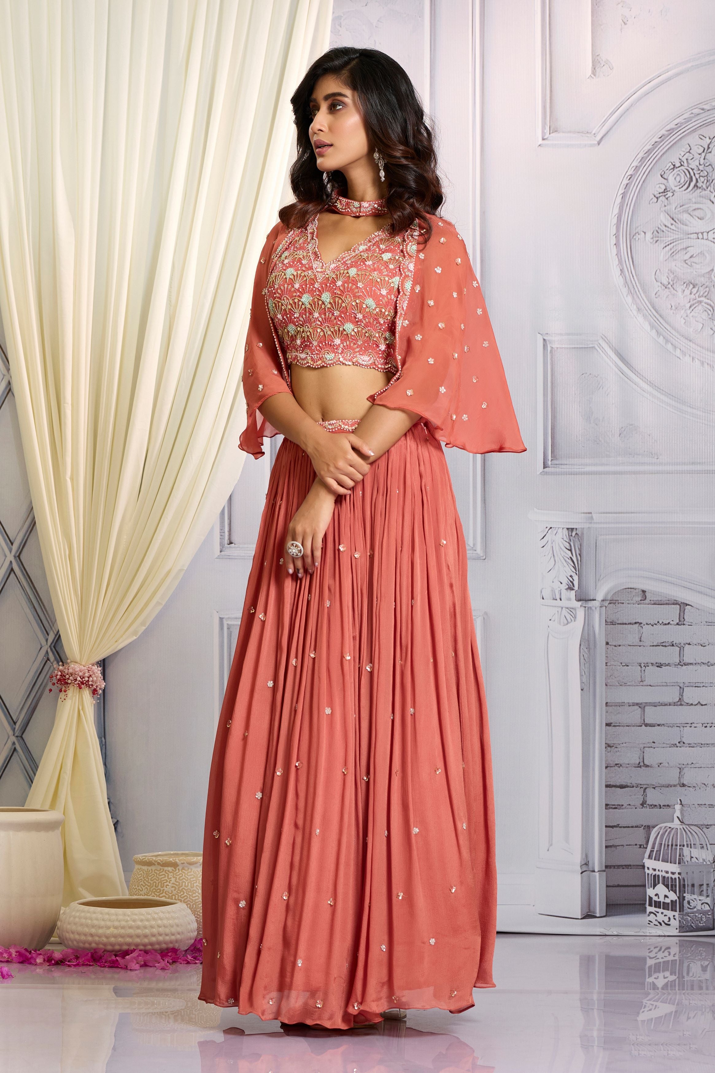 Peach Pink Embellished Chinon Silk Cape-Skirt Set