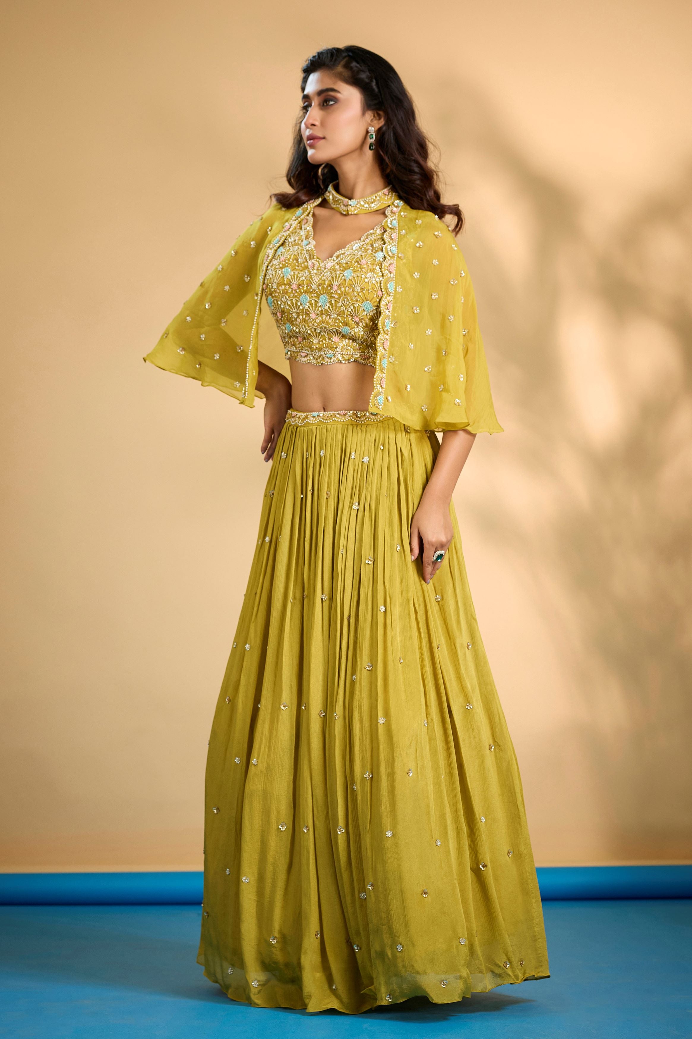 Lemon Yellow Embellished Chinon Silk Cape-Skirt Set