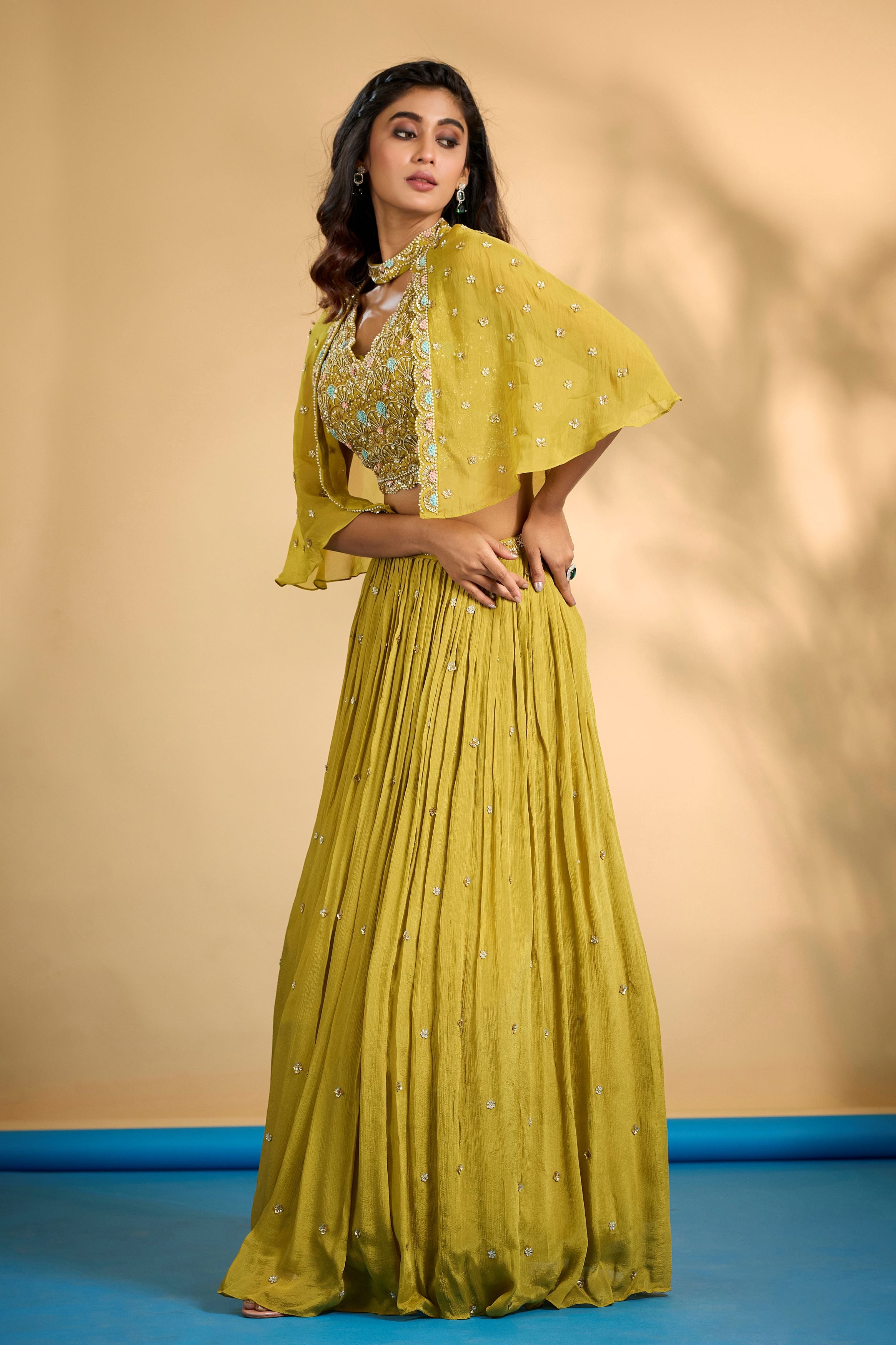 Lemon Yellow Embellished Chinon Silk Cape-Skirt Set