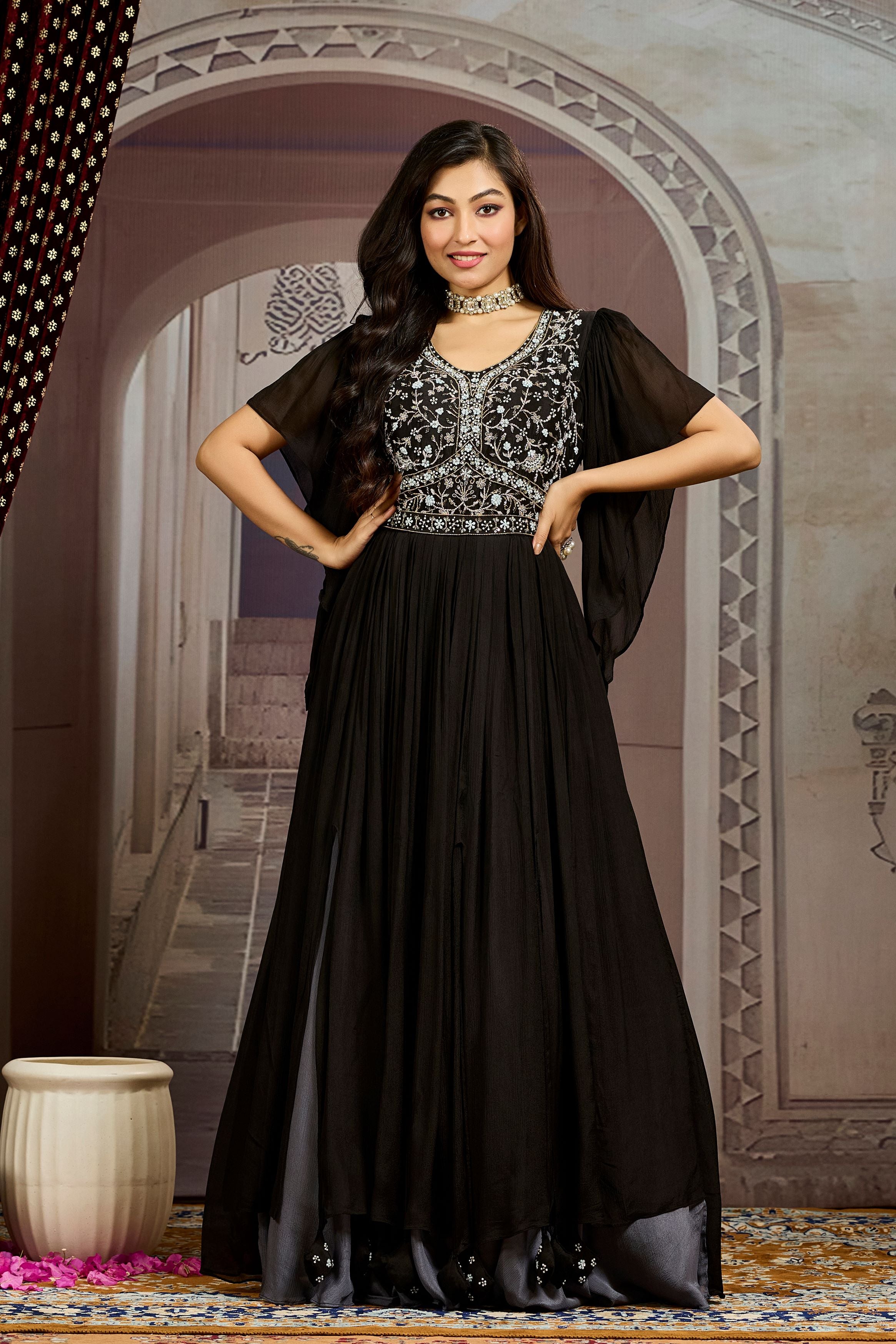 Hot Black Embellished Chinon Silk Gown