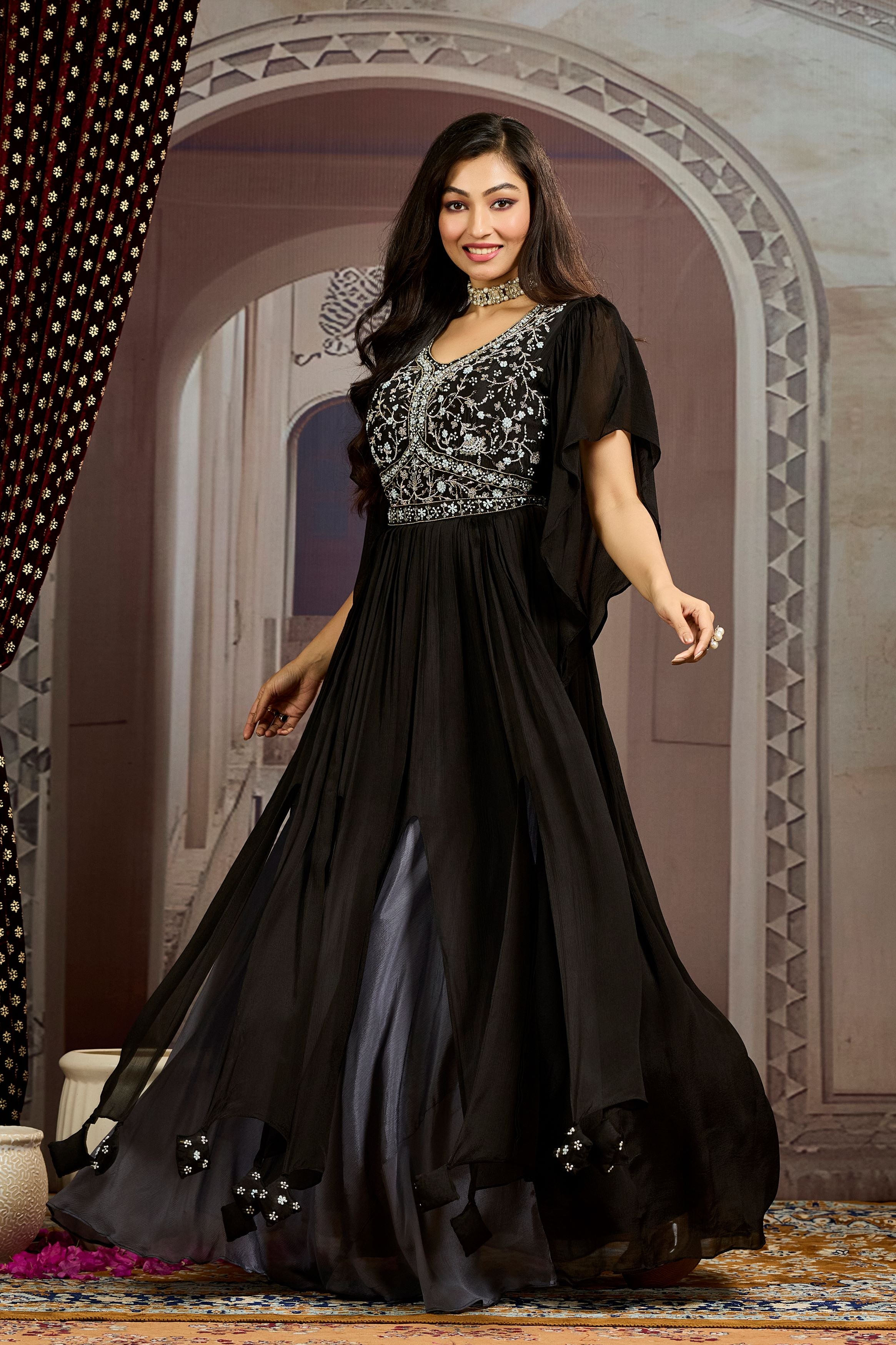 Hot Black Embellished Chinon Silk Gown