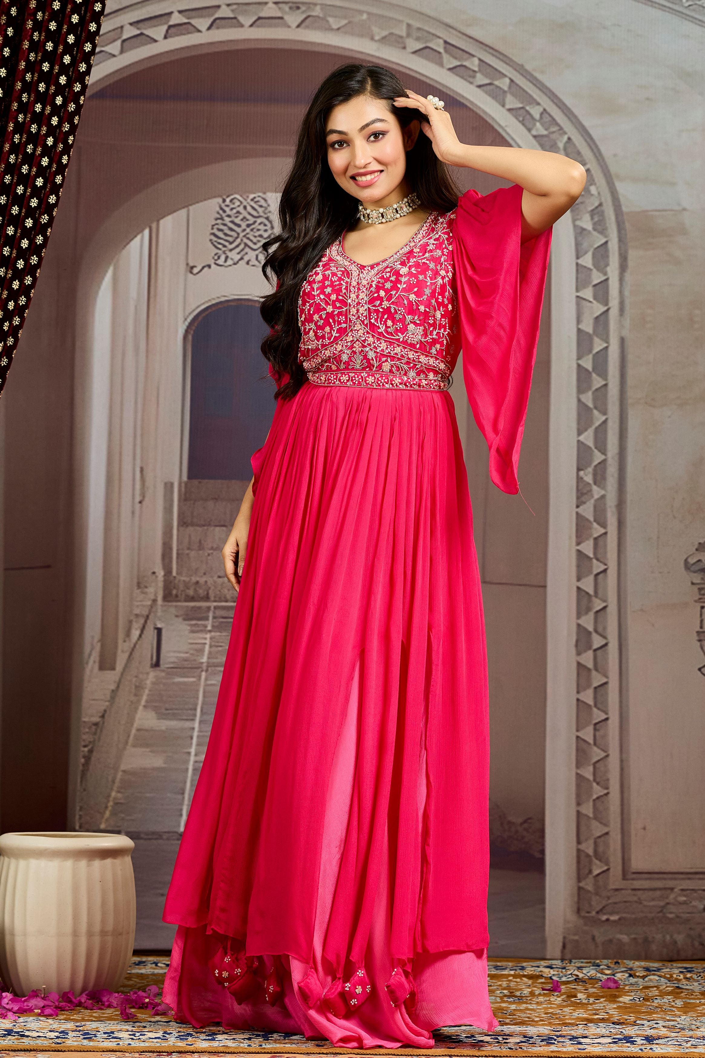 Rose Pink Embellished Chinon Silk Gown