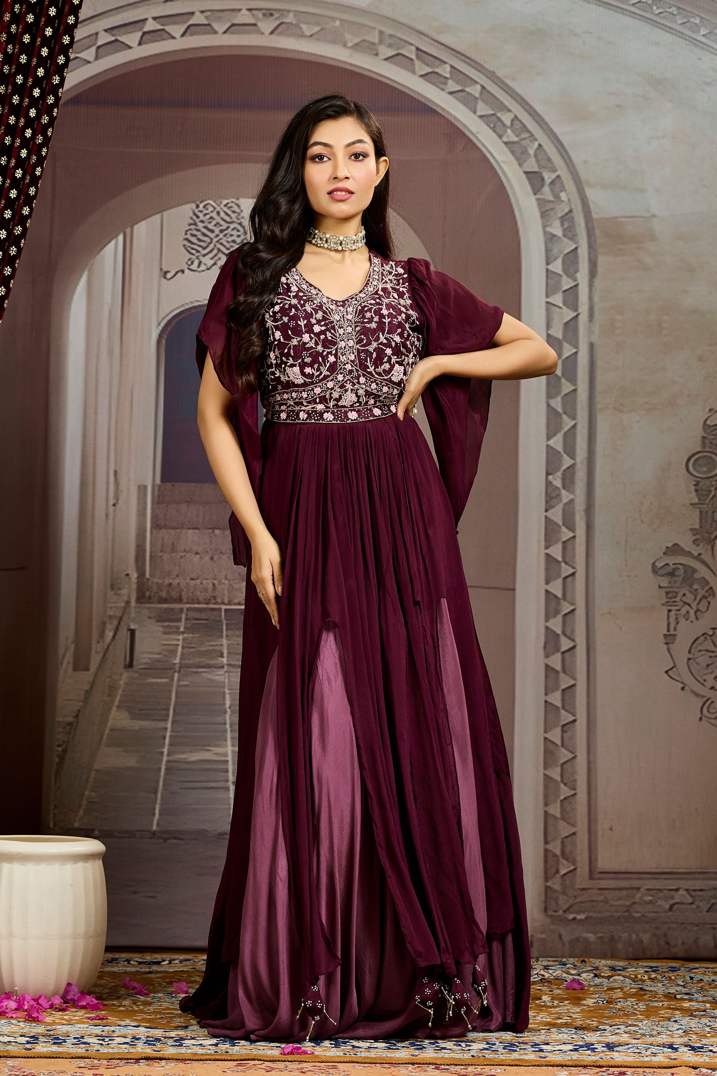 Burgundy Embellished Chinon Silk Gown