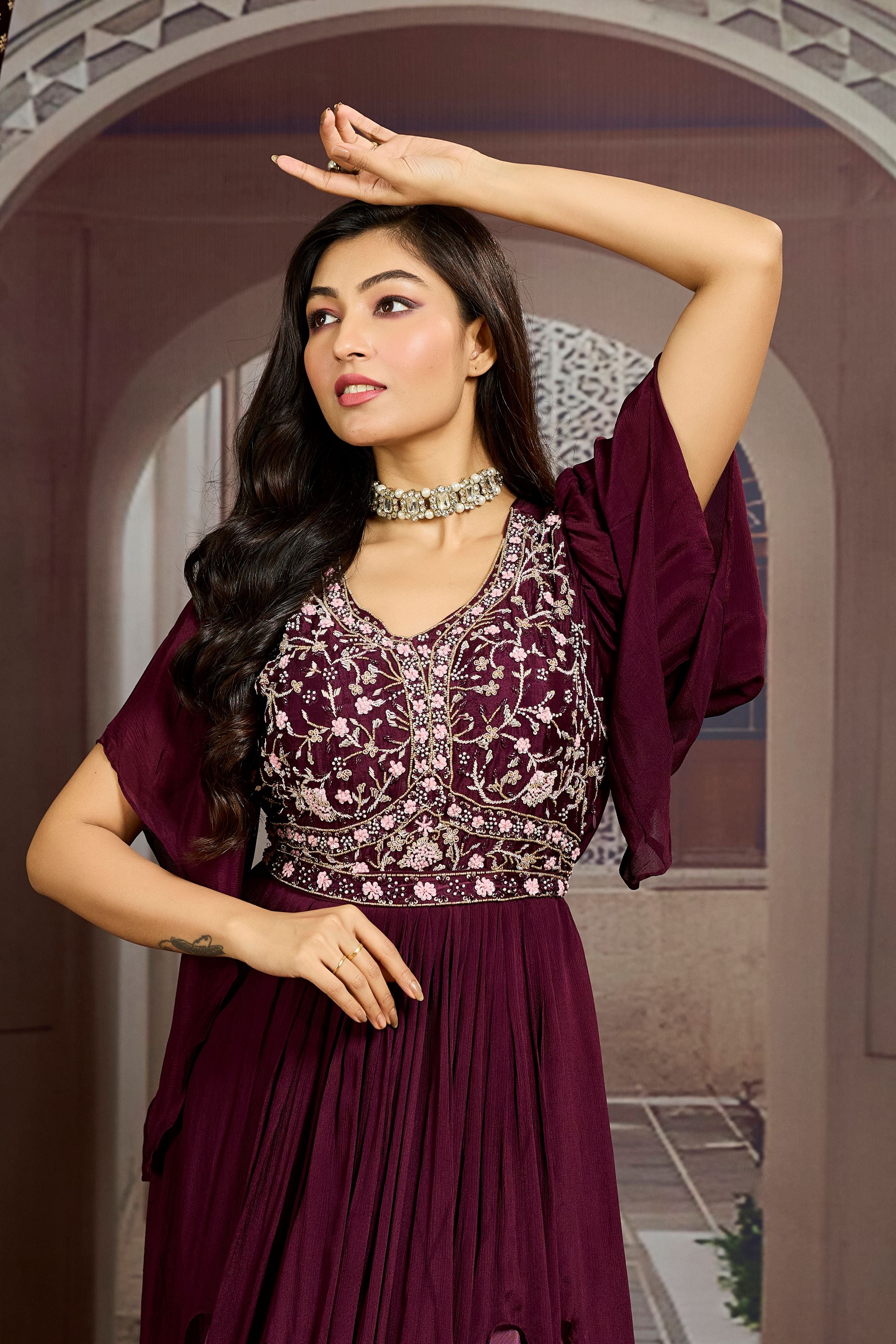 Burgundy Embellished Chinon Silk Gown