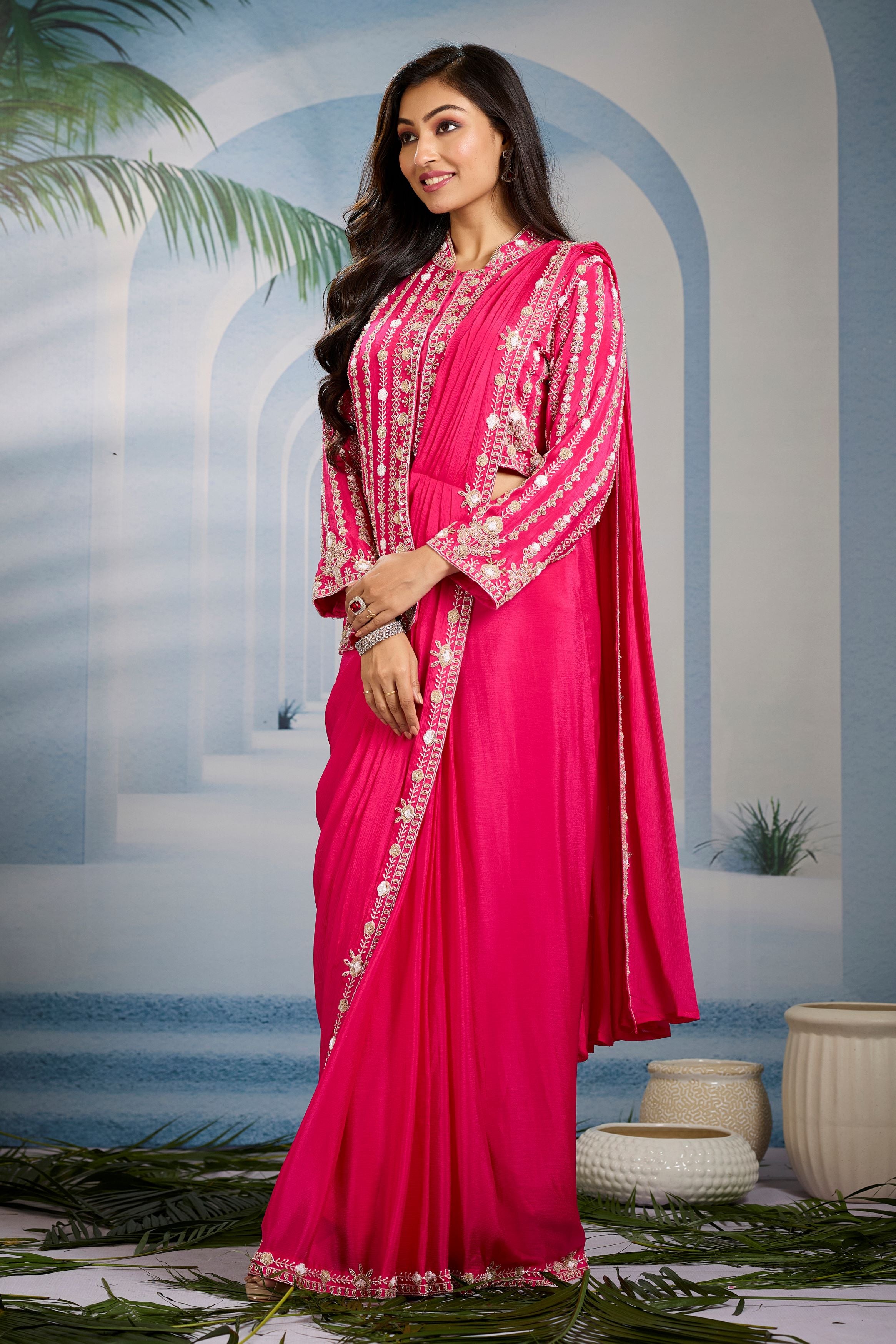 Pink Embellished Chinon Silk Draped Saree